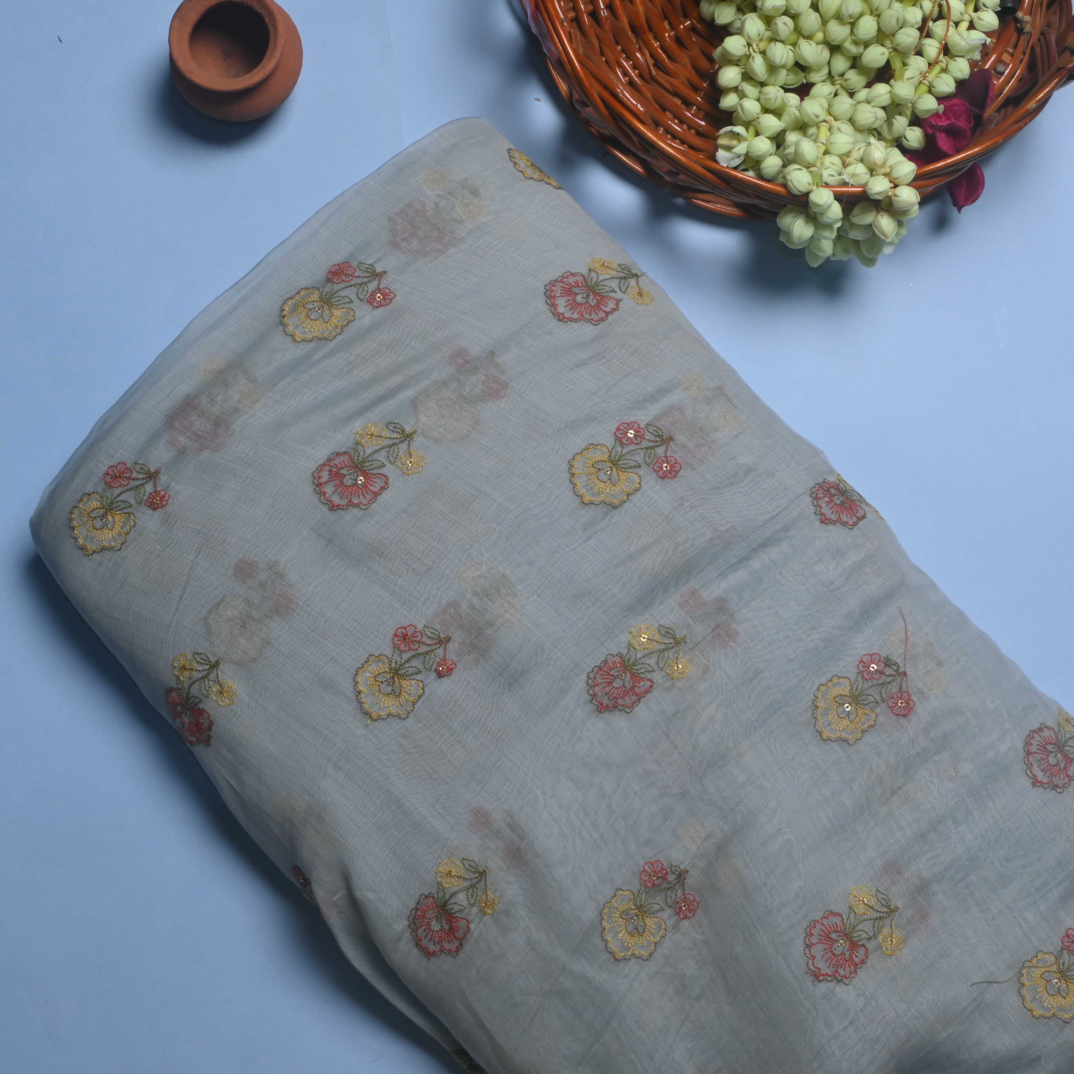 Light Blue Floral Chanderi Fabric With Embroidery