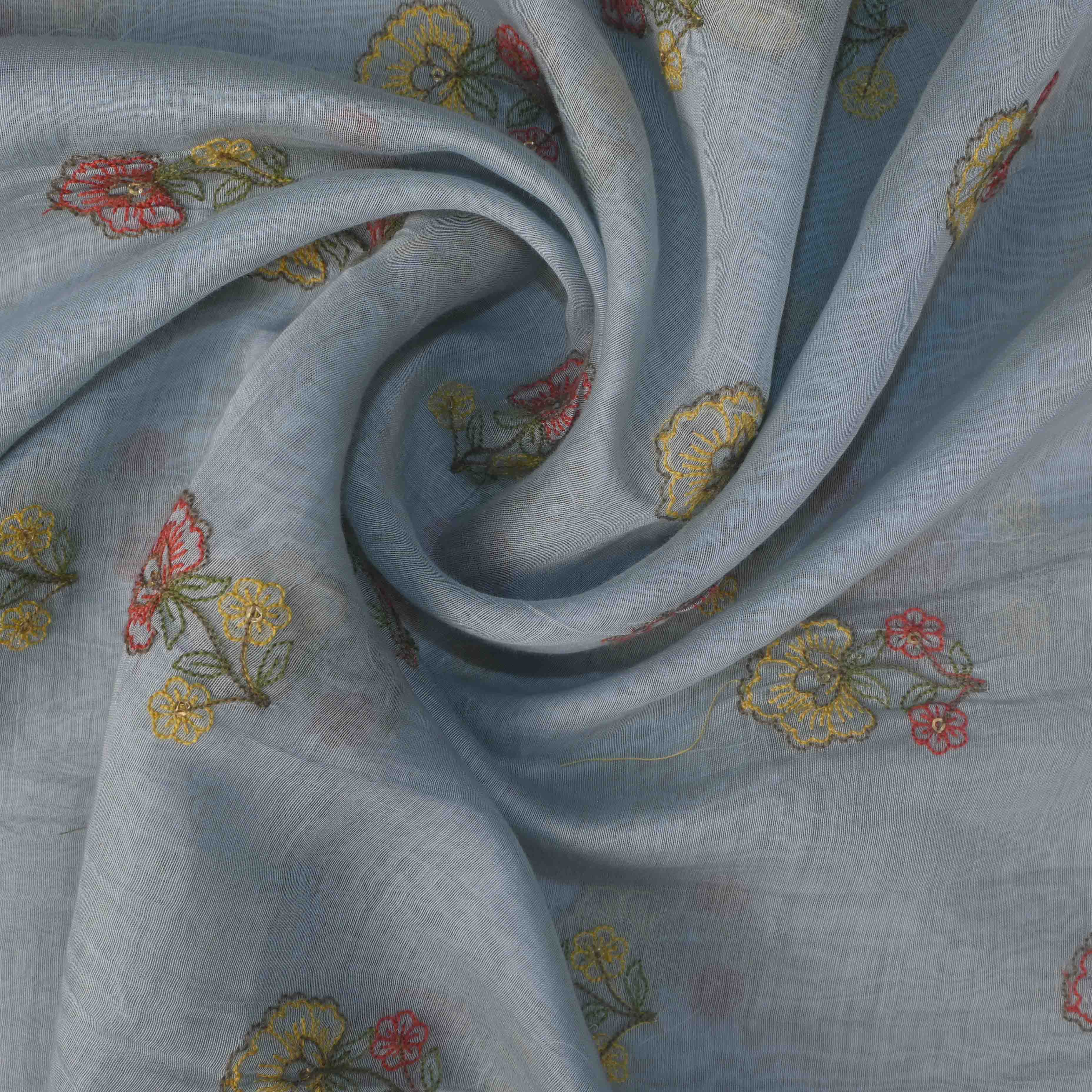 Light Blue Floral Chanderi Fabric With Embroidery