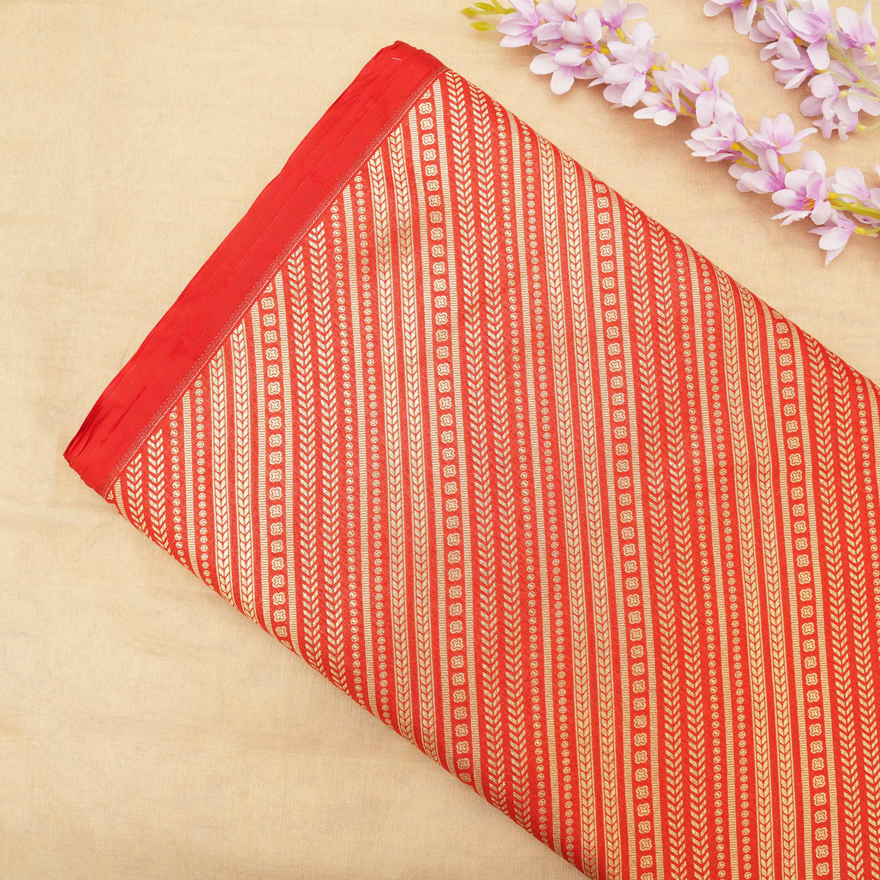 Brick Red Diagonal Embroidered Silk Fabric