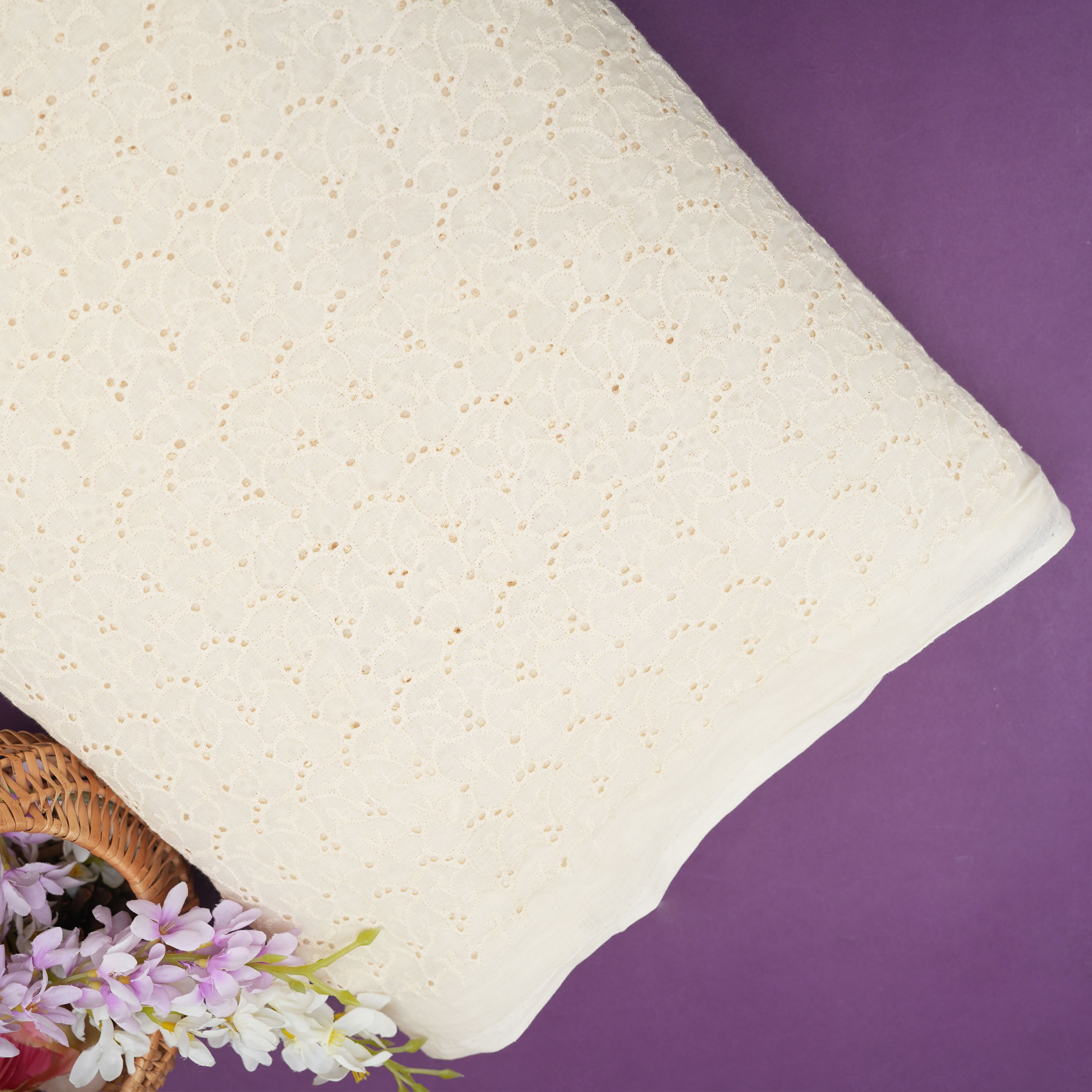 Off White Floral Hool Threadwork Chanderi Fabric