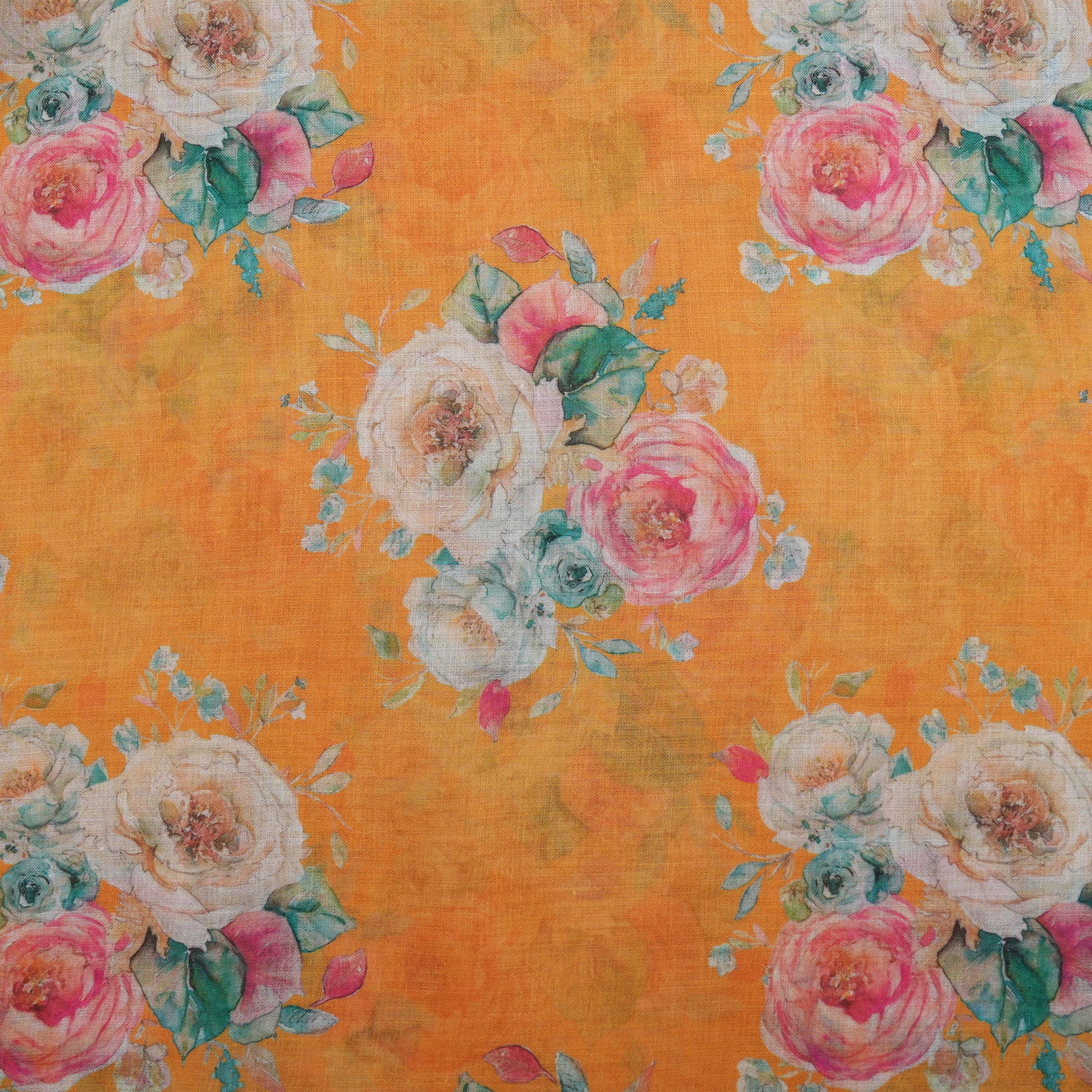 Dull Orange Multicolor Floral Buttas Printed Linen Fabric