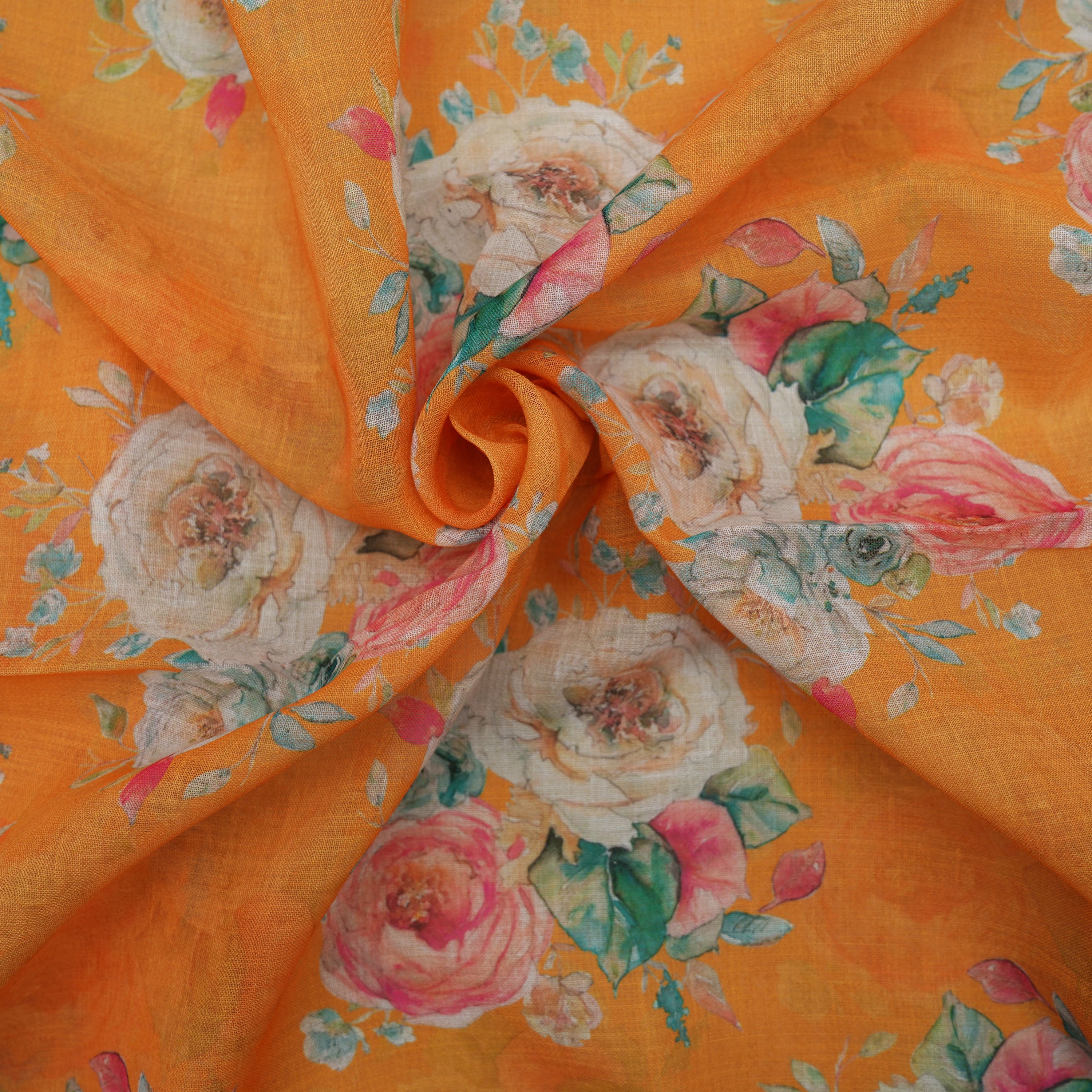 Dull Orange Multicolor Floral Buttas Printed Linen Fabric