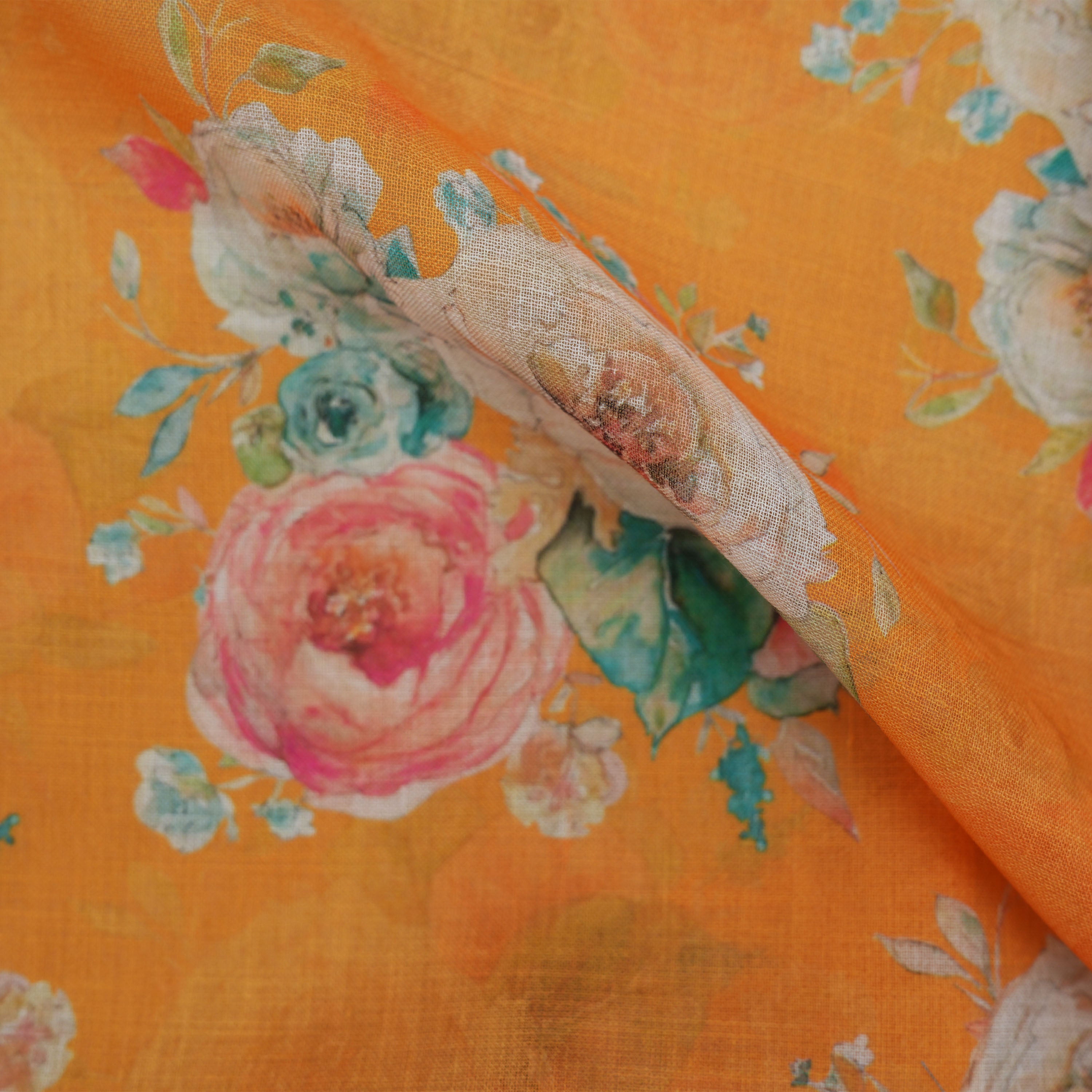 Dull Orange Multicolor Floral Buttas Printed Linen Fabric