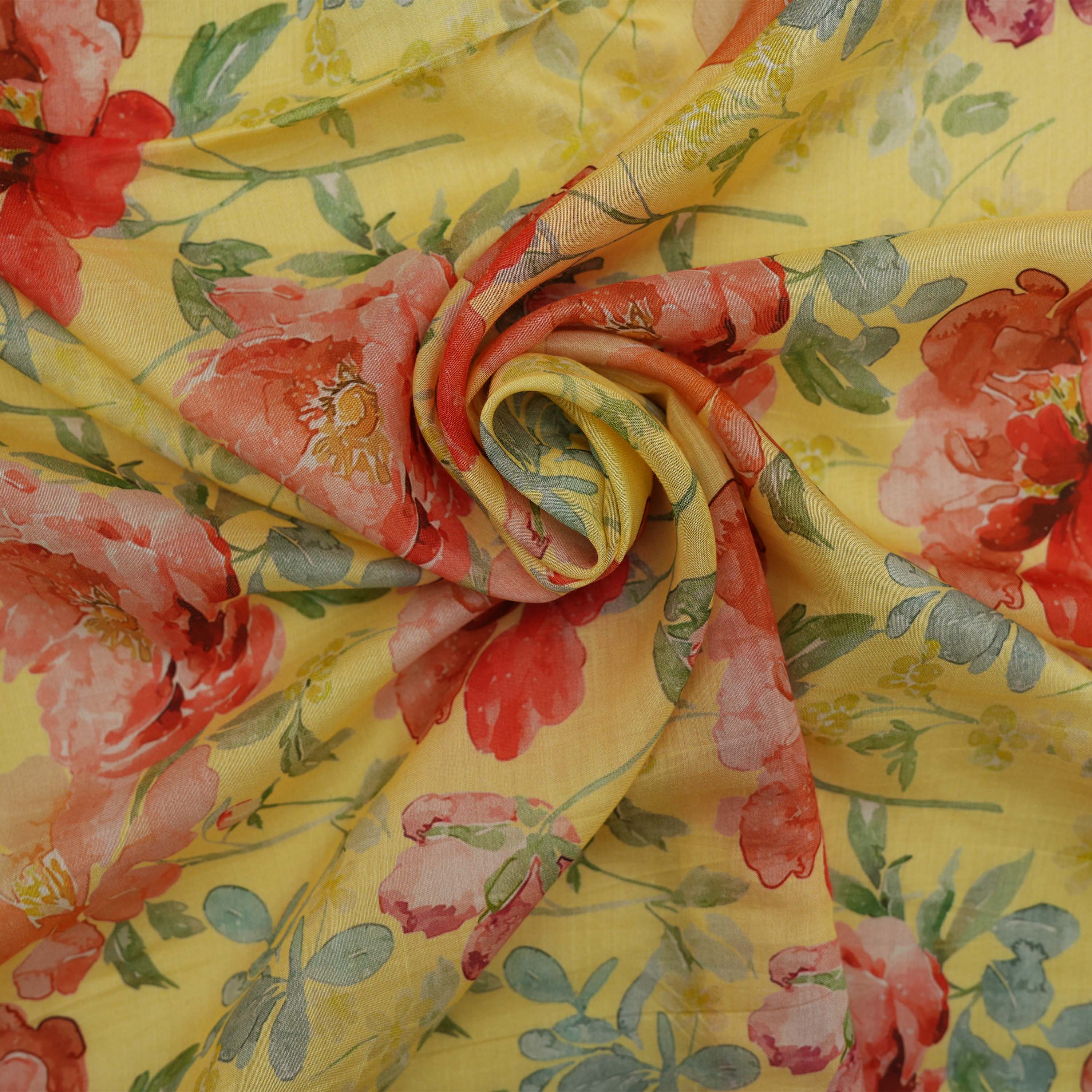 Fall Leaf Yellow Multi Color Floral Digital Point Silk Fabric