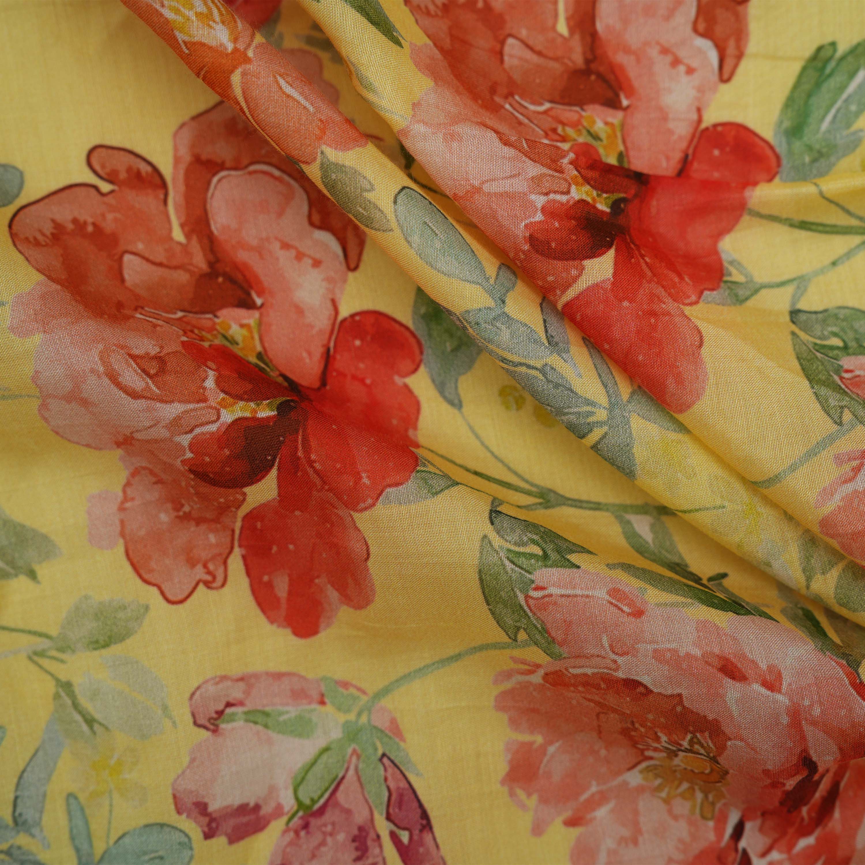 Fall Leaf Yellow Multi Color Floral Digital Point Silk Fabric