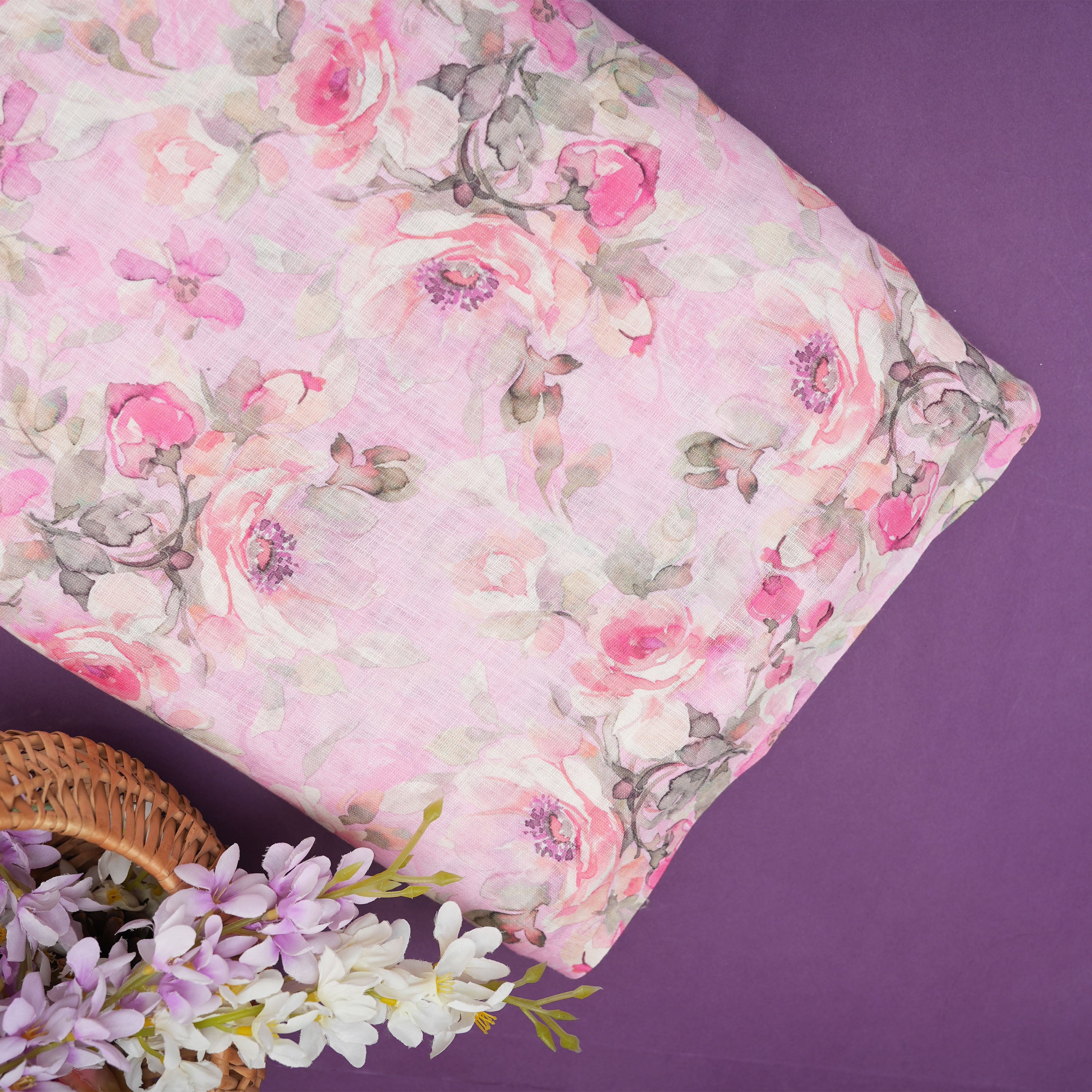 Pale Pink Floral Printed Linen Fabric