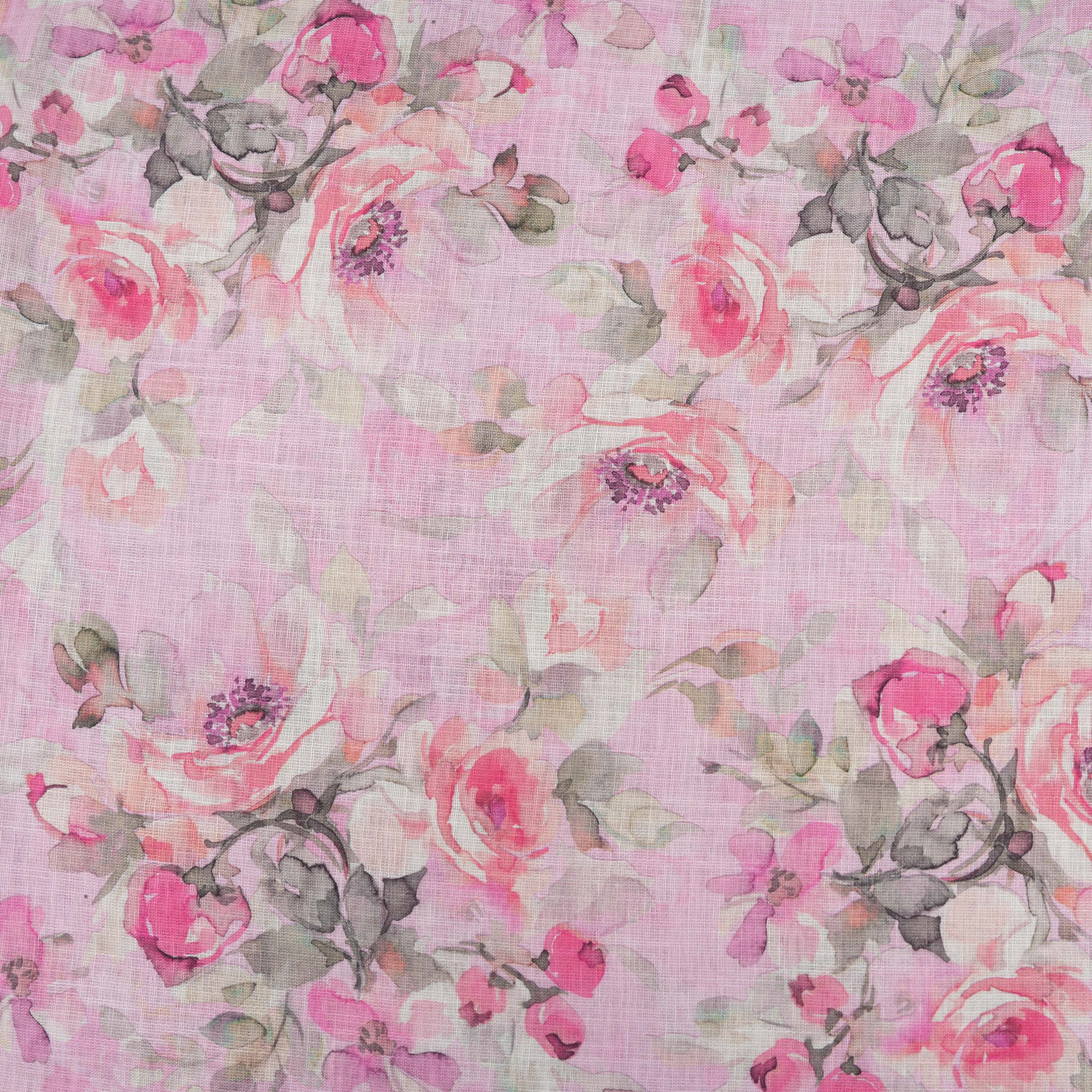Pale Pink Floral Printed Linen Fabric