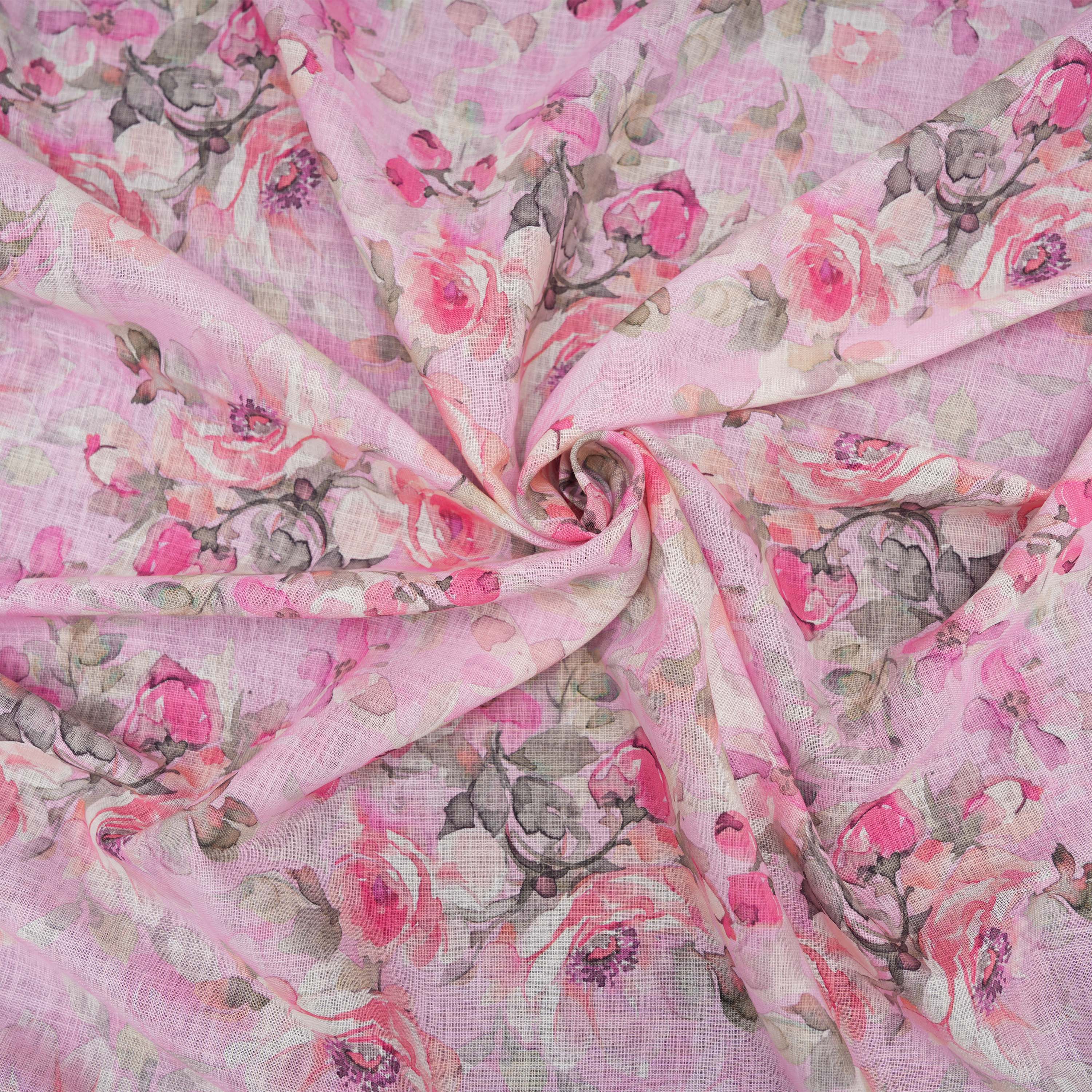 Pale Pink Floral Printed Linen Fabric