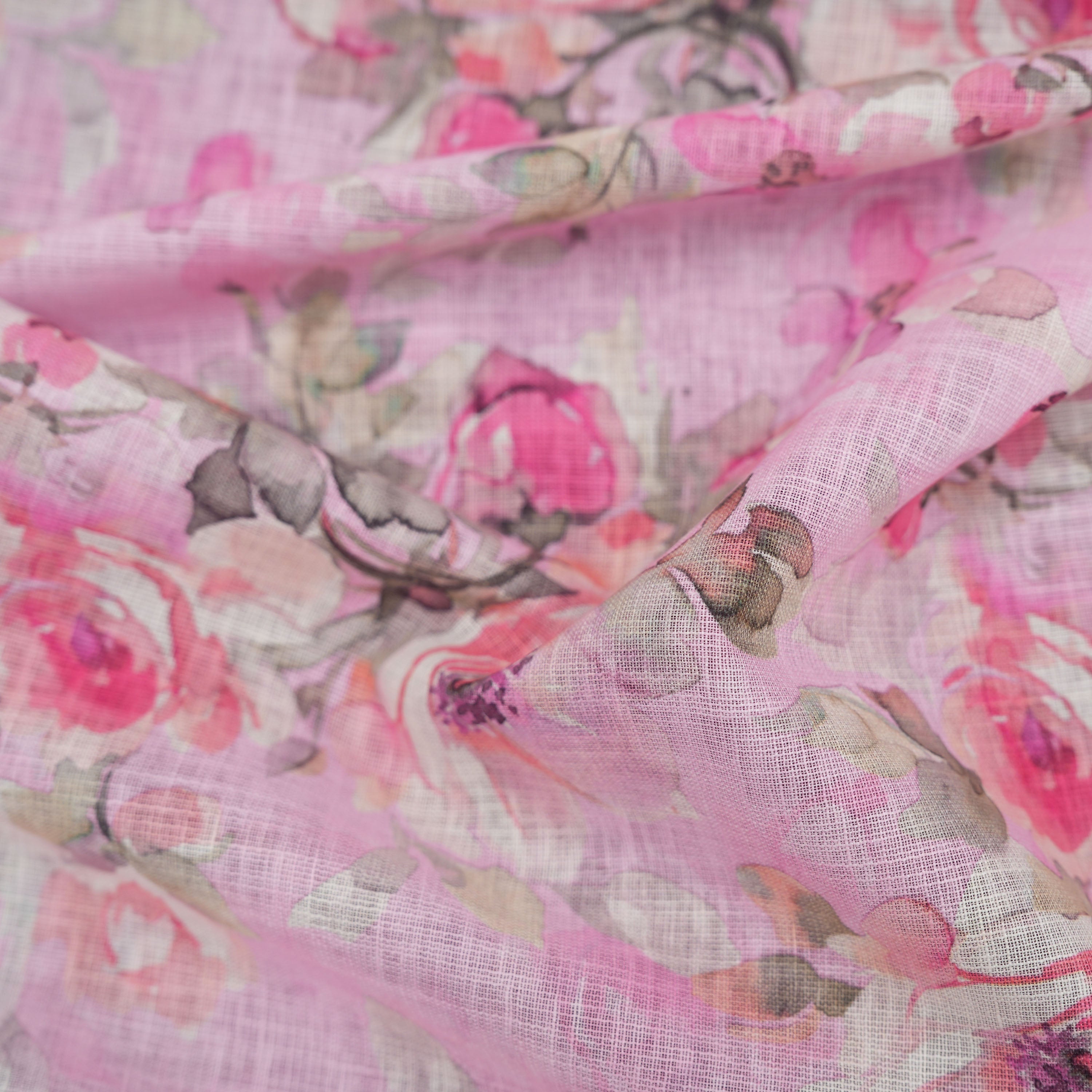 Pale Pink Floral Printed Linen Fabric