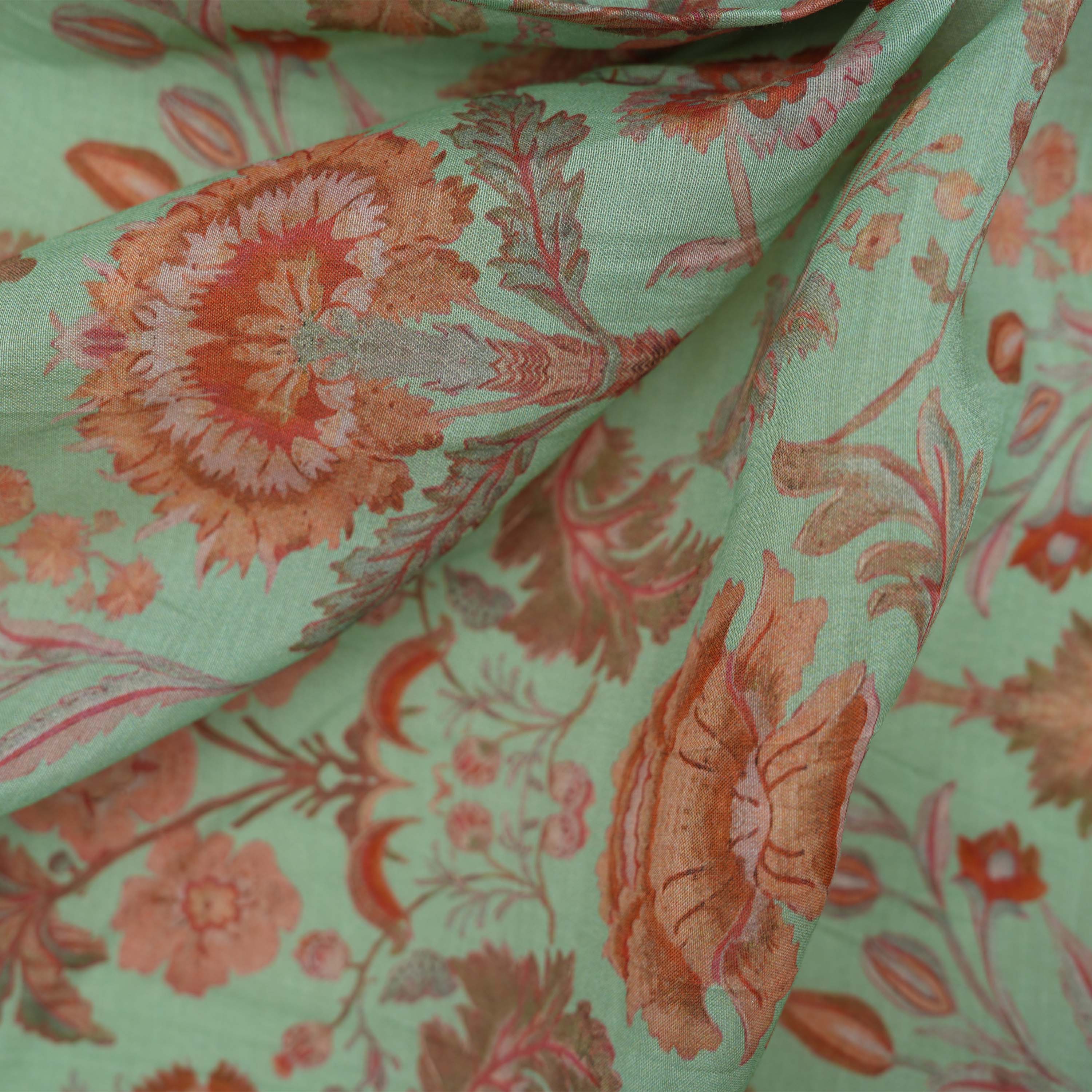 Spanish Green Intricate Multicolor Floral Printed Chanderi Fabric