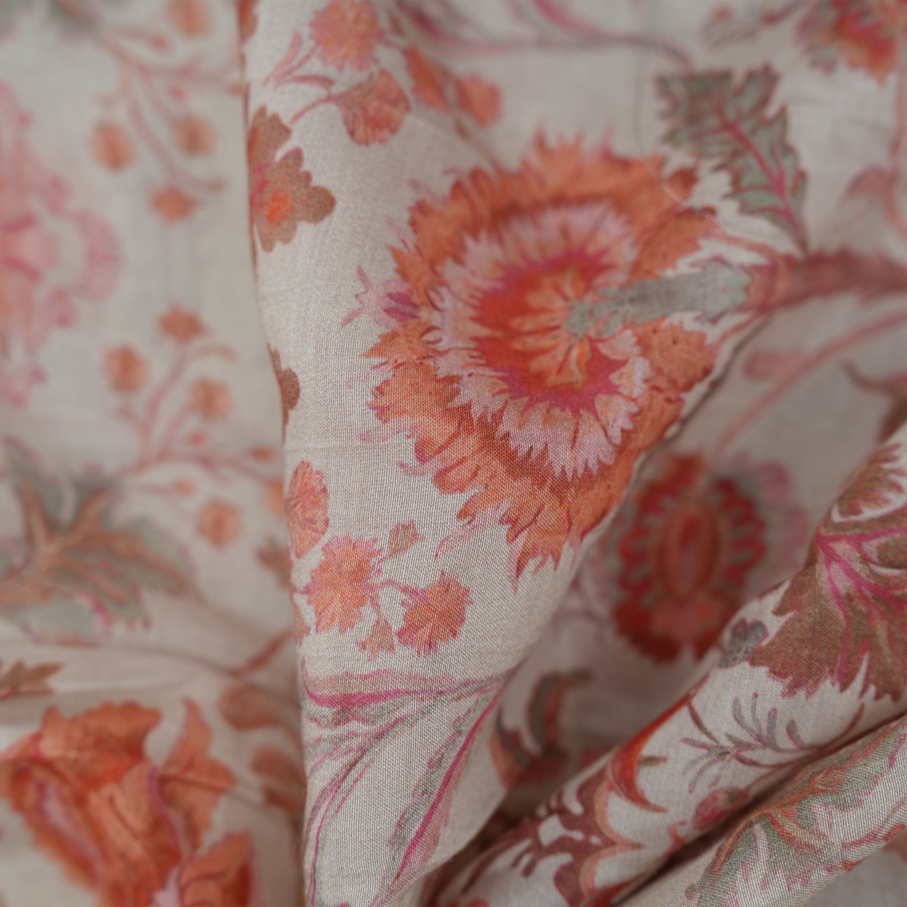 Coral Seed White Multicolor Floral Printed Chanderi Fabric