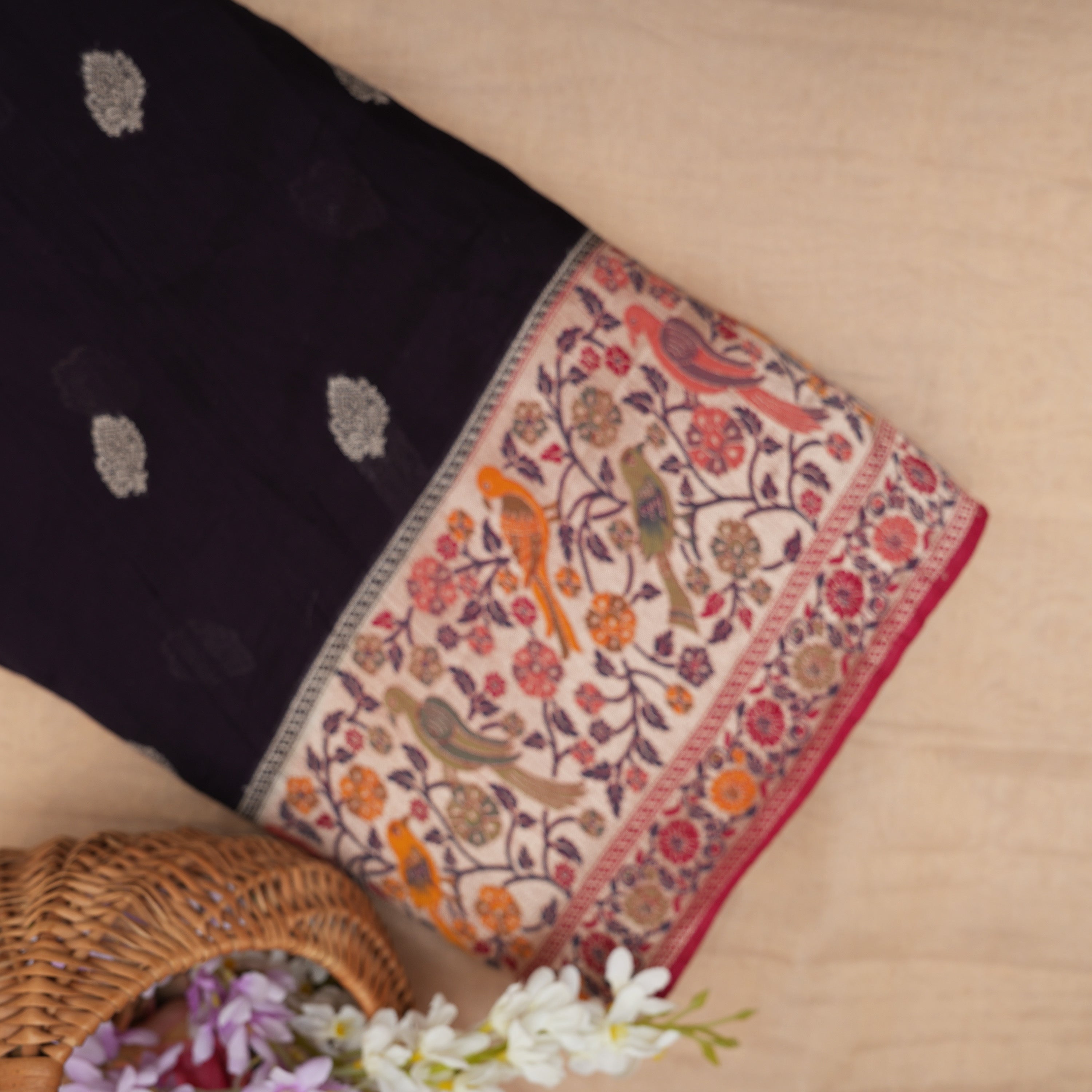 Jet Black Kili And Floral Contrast Border Raw Silk Fabric