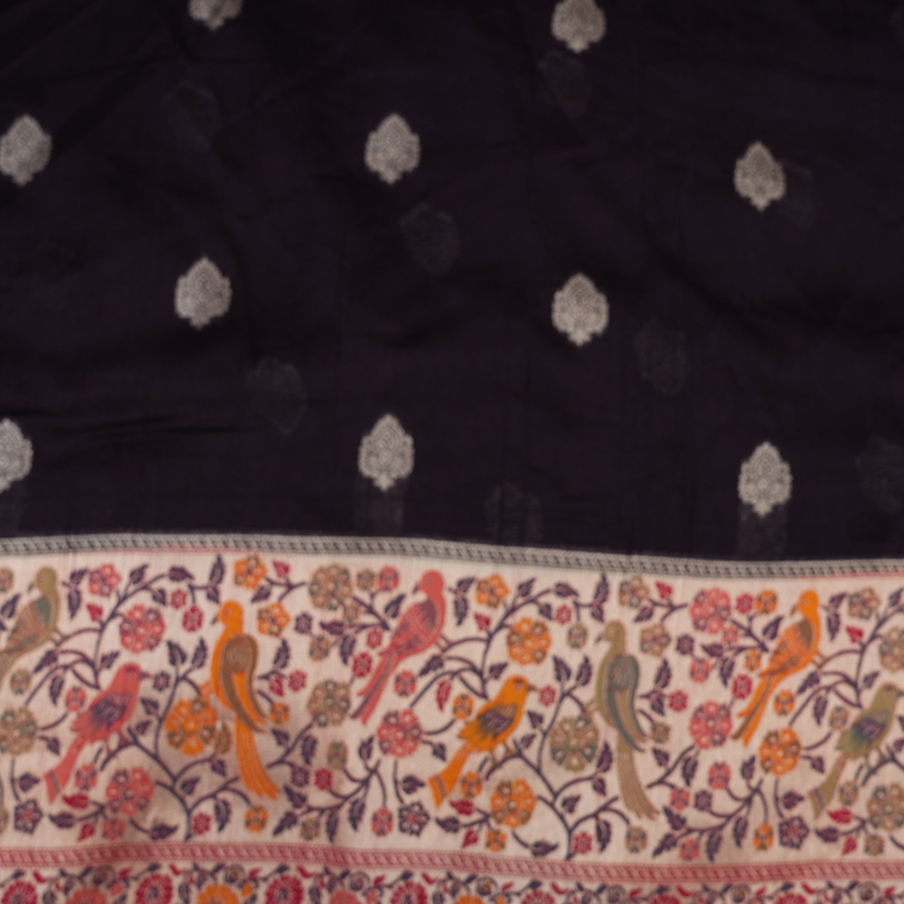 Jet Black Kili And Floral Contrast Border Raw Silk Fabric