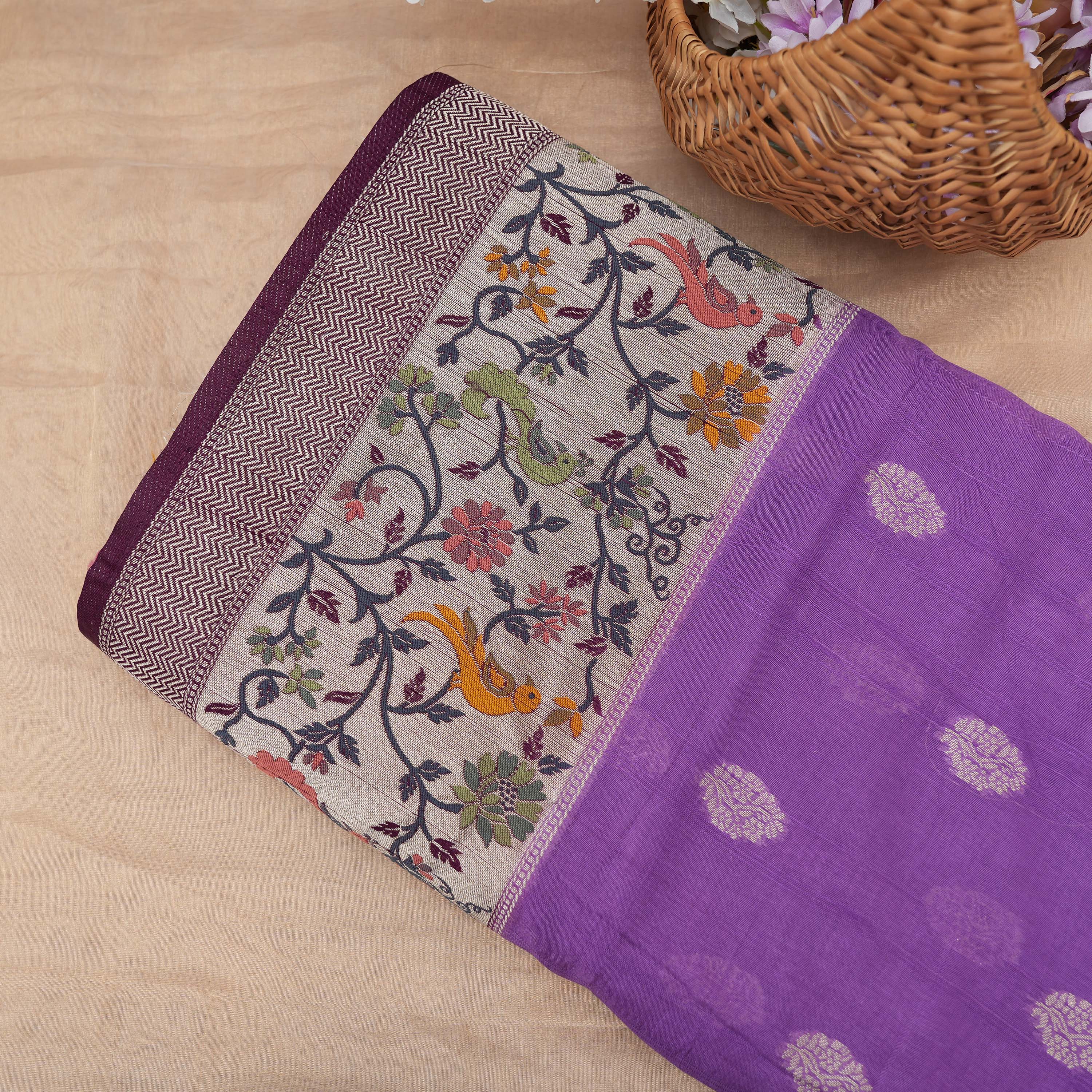 Pale Purple Kili And Floral Contrast Border Raw Silk Fabric