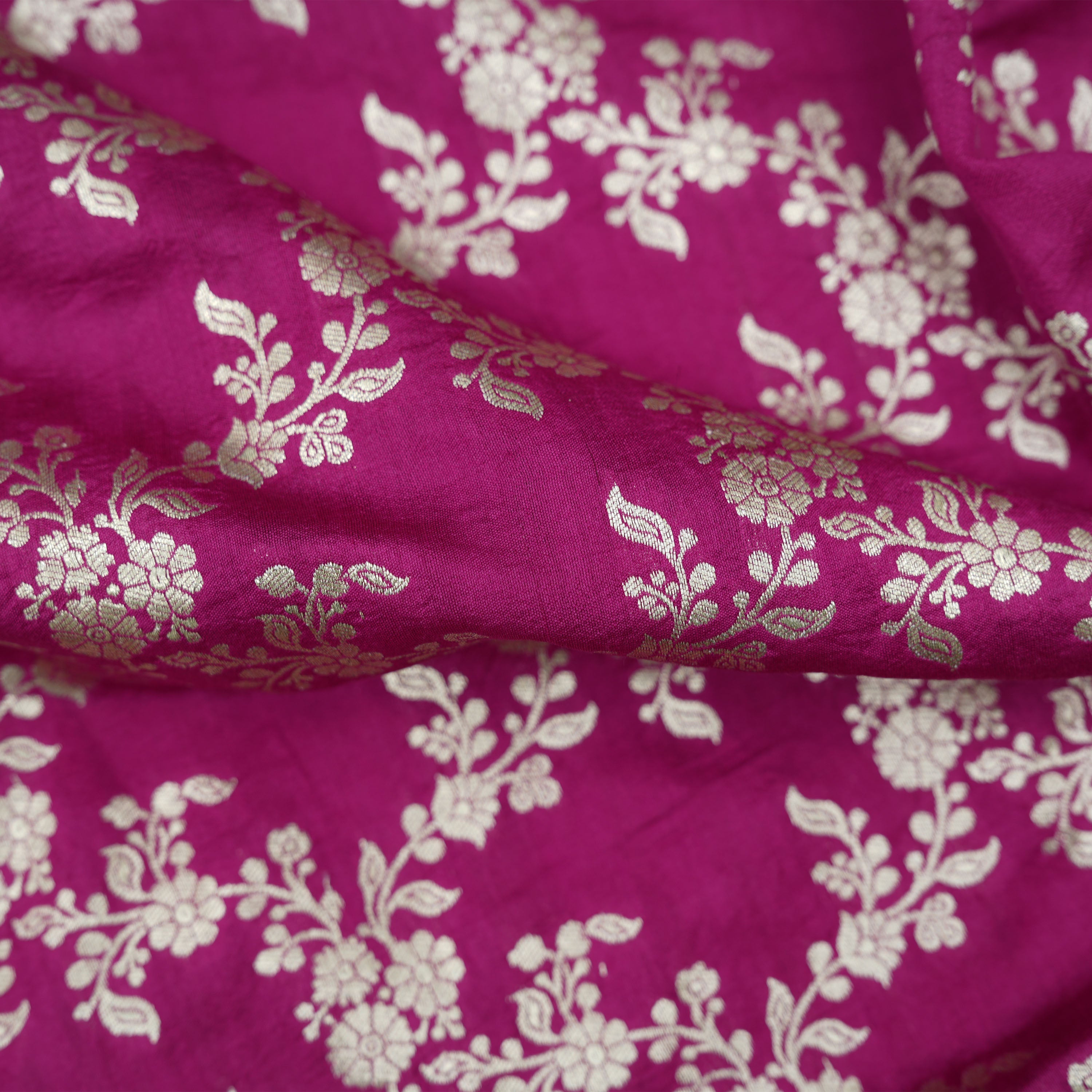 Rose Bud Cherry Pink Intricate Floral Jaal Jamawar Silk Fabric