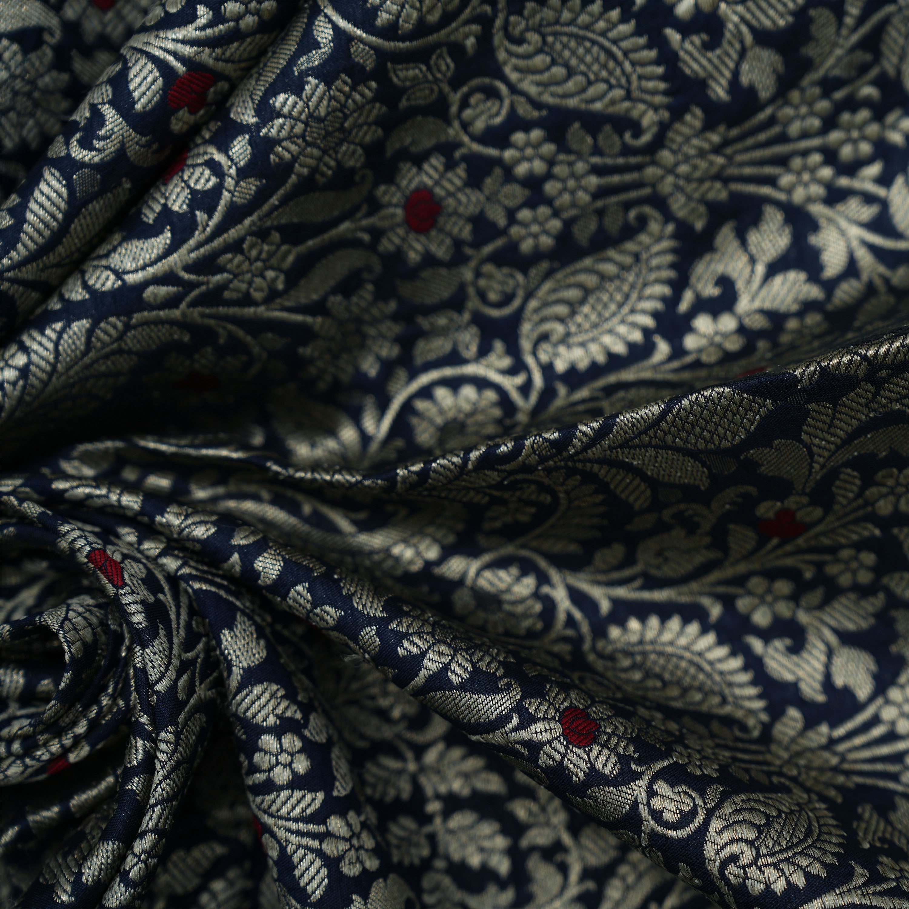 Cinder Blue Intricate Floral Jaal With Paisley Jamawar Silk Fabric