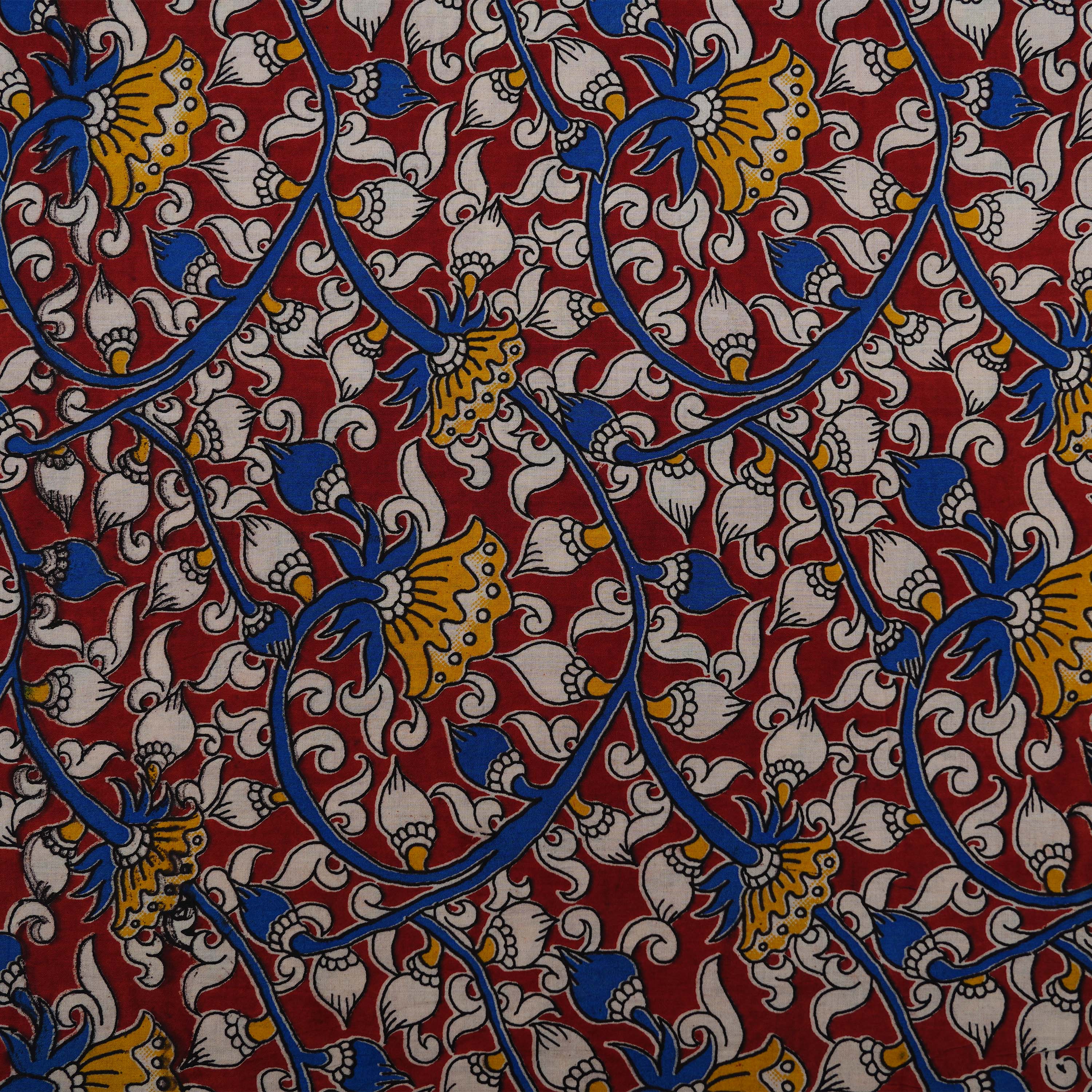 Catalina Blue Multicolor Floral Kalamkari Printed Cotton Fabric