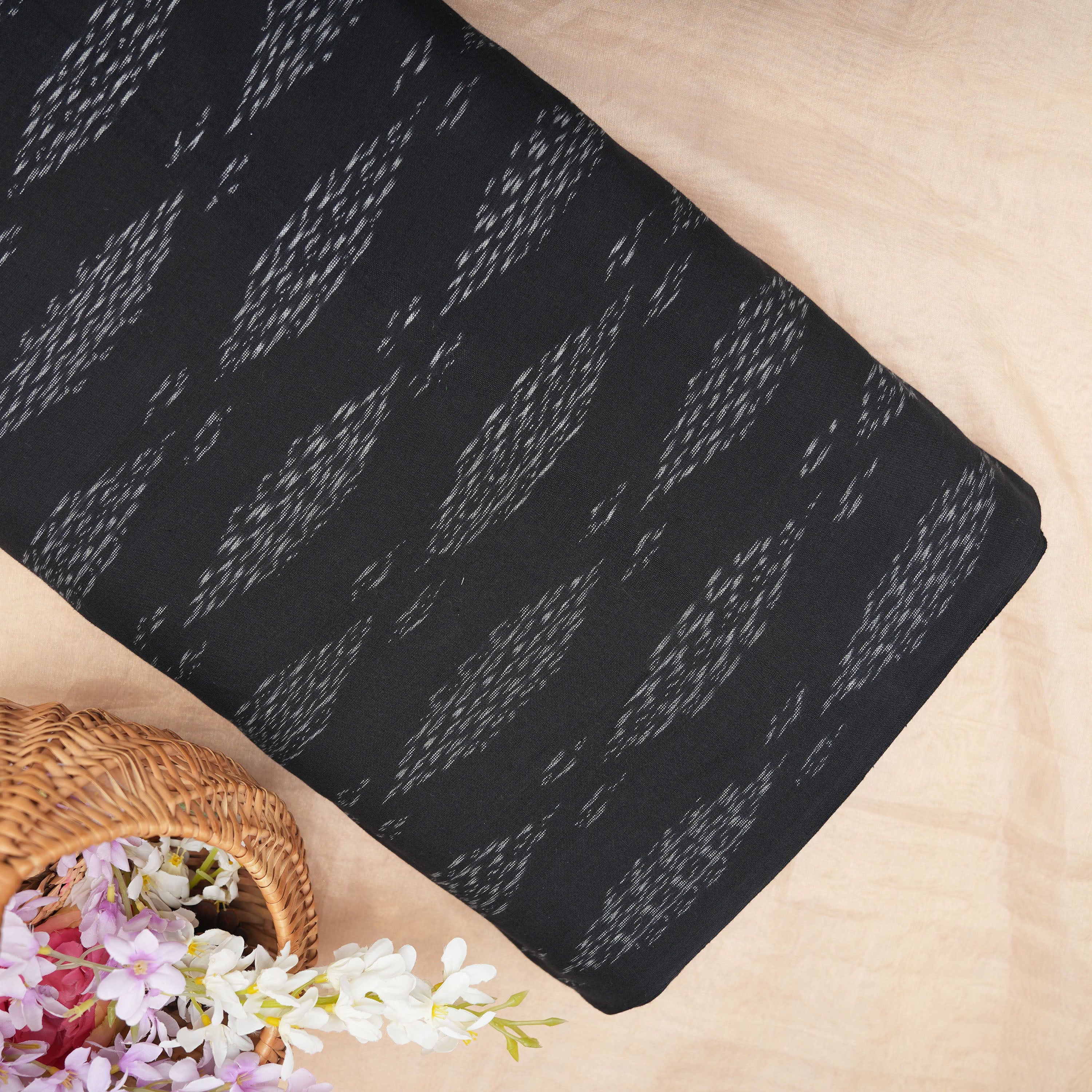 Charcoal Black Ikkat Diamond Pattern Cotton Fabric