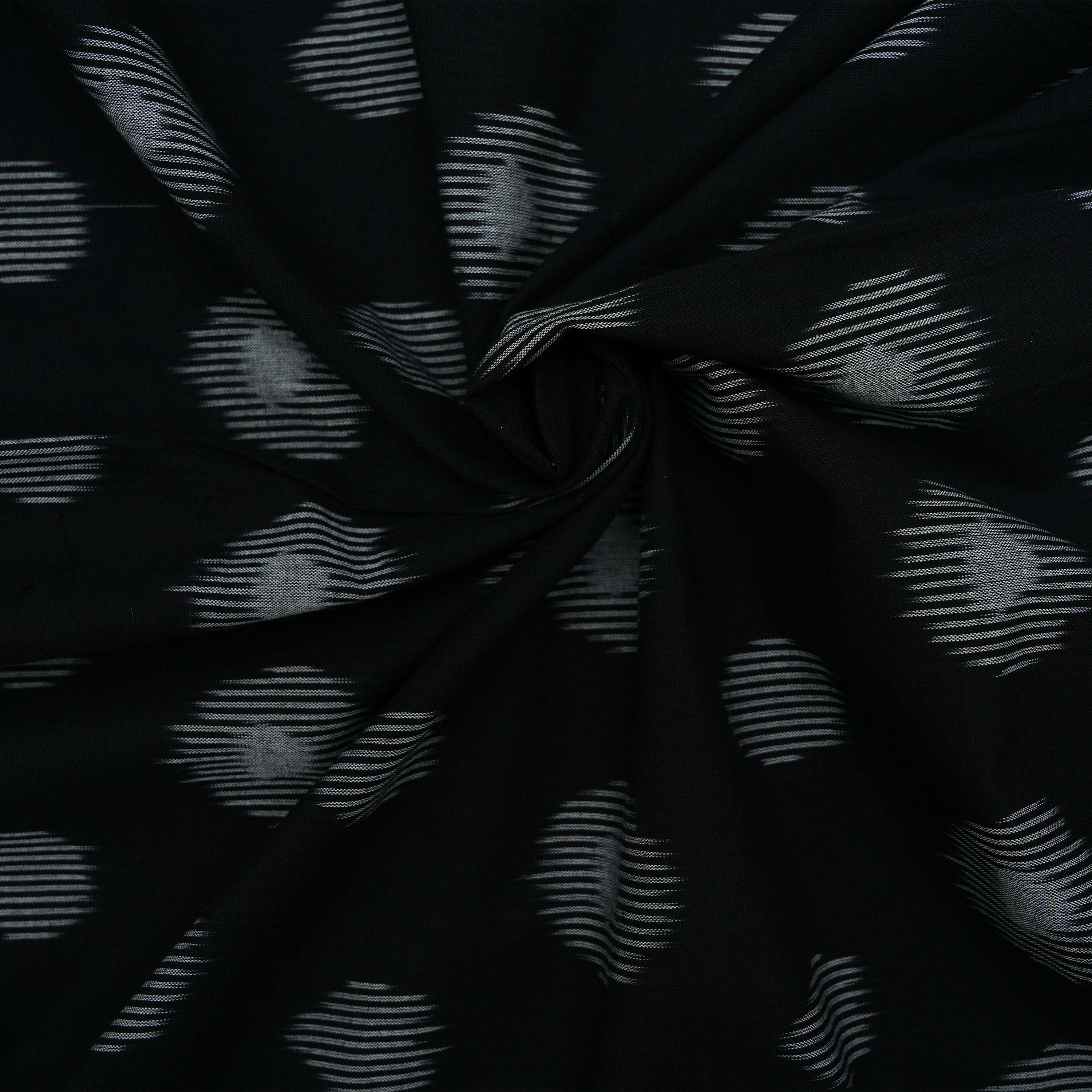 Jet Black Ikat Leaf Geometric Pattern Cotton Fabric