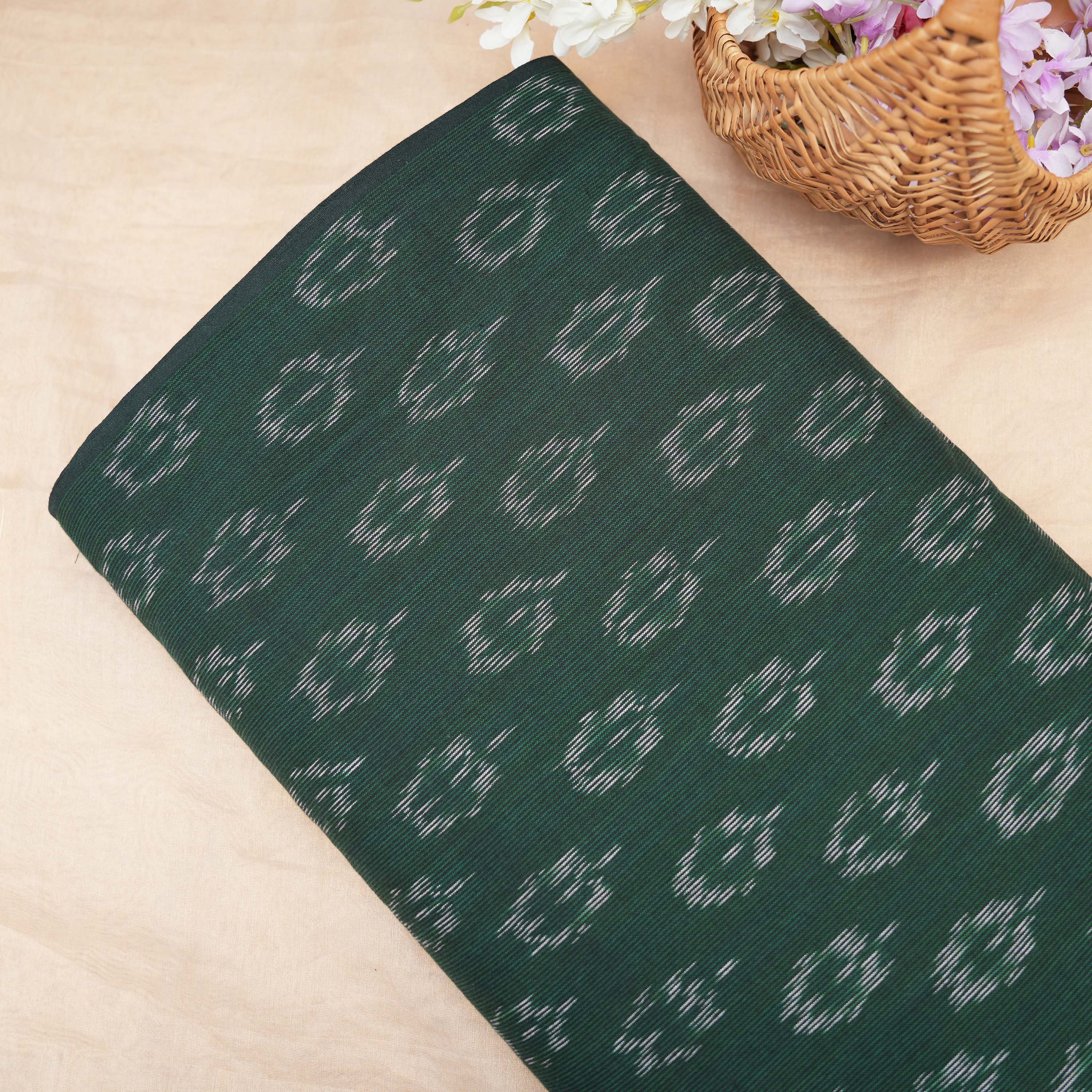 Jungle Green Ikkat Floral Pattern Cotton Fabric