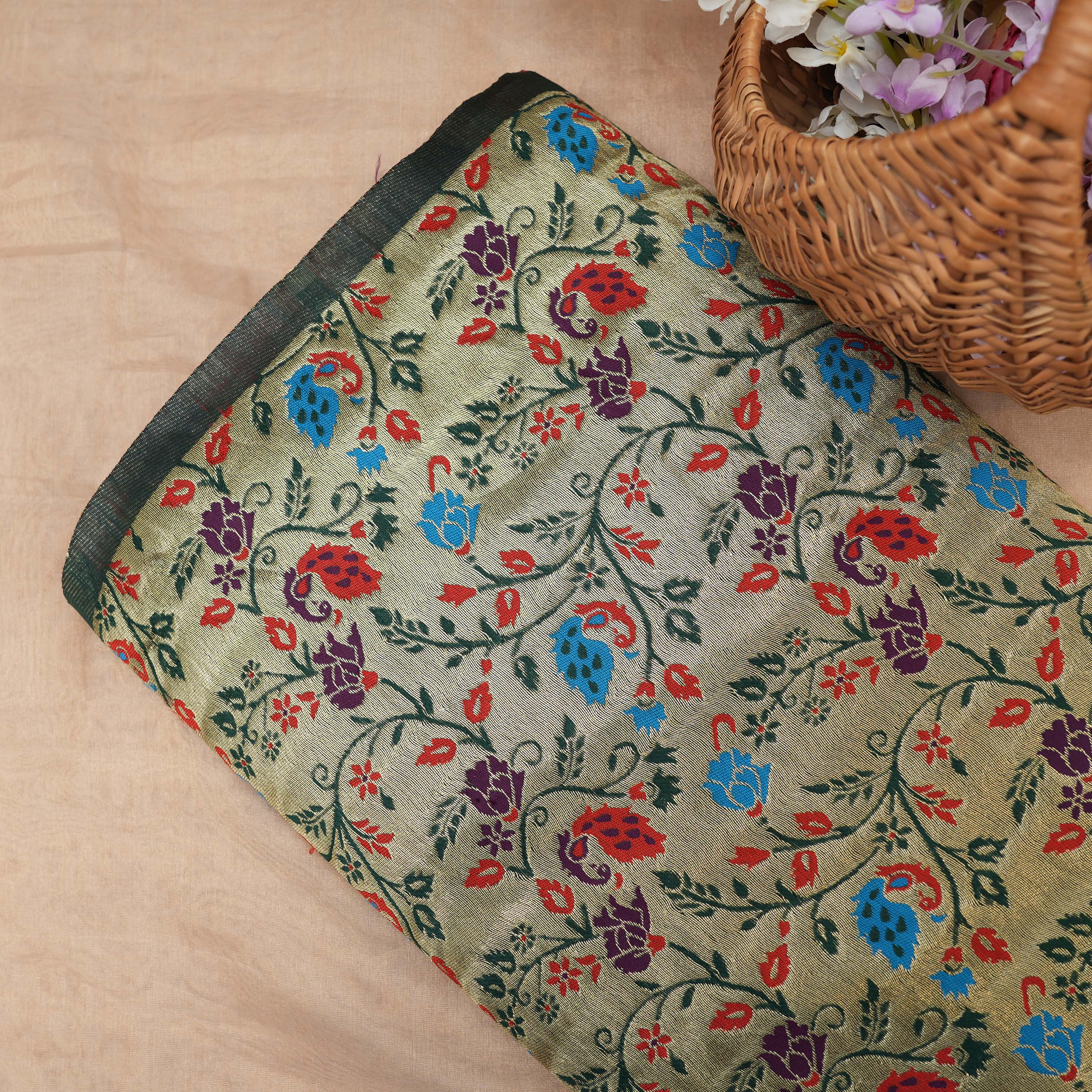 Green Mist Coloful Floral Jaal Tissue Fabric