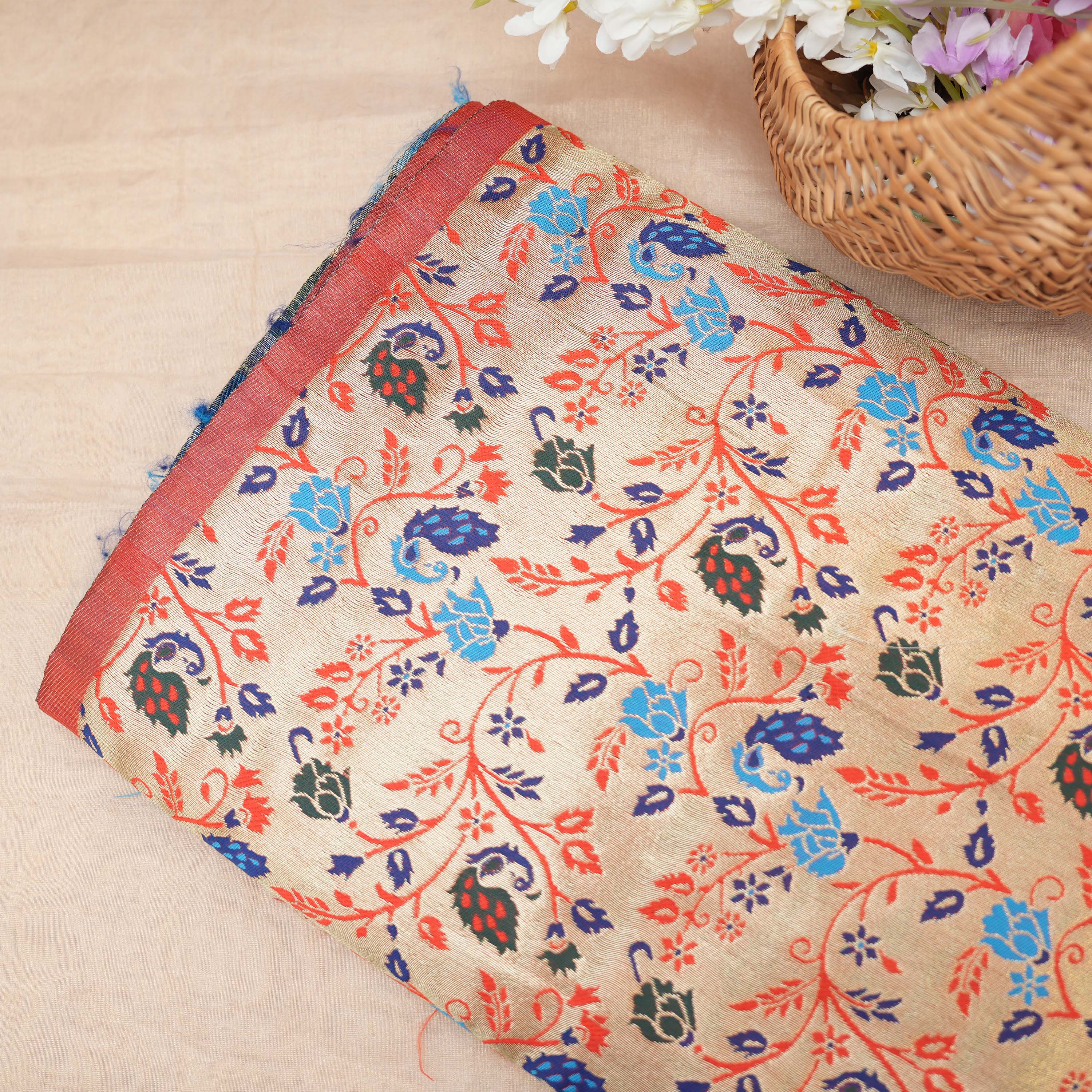 Golden Pink Coloful Floral Jaal Tissue Fabric