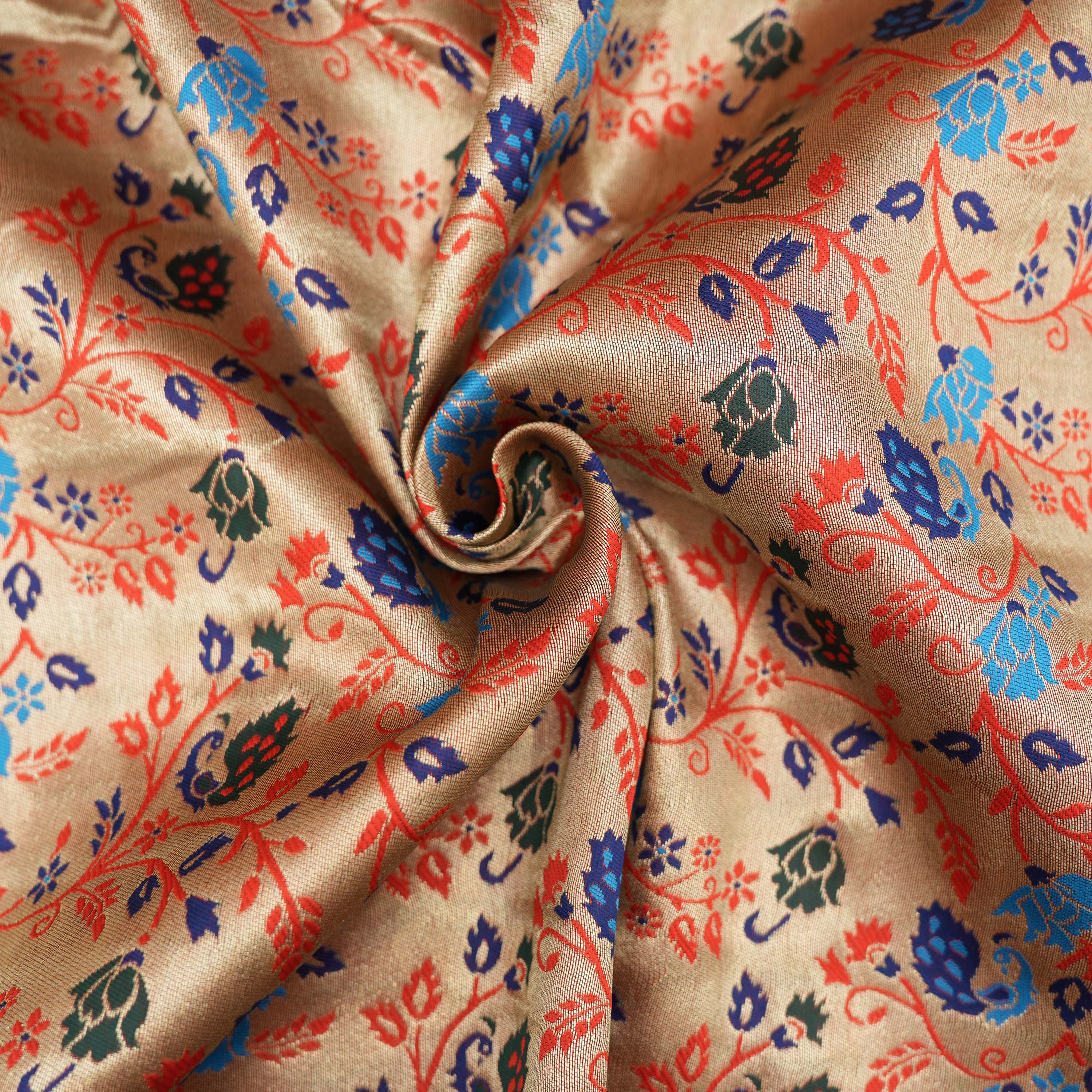 Golden Pink Colorful Floral Jaal Tissue Fabric