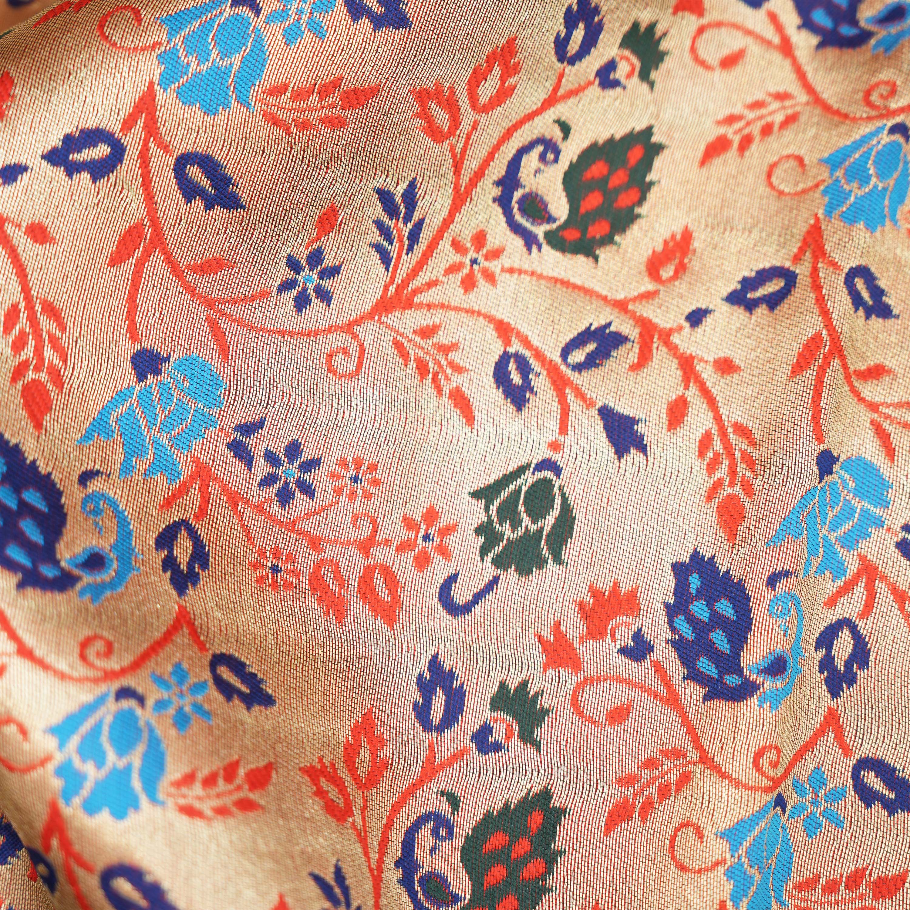 Golden Pink Colorful Floral Jaal Tissue Fabric