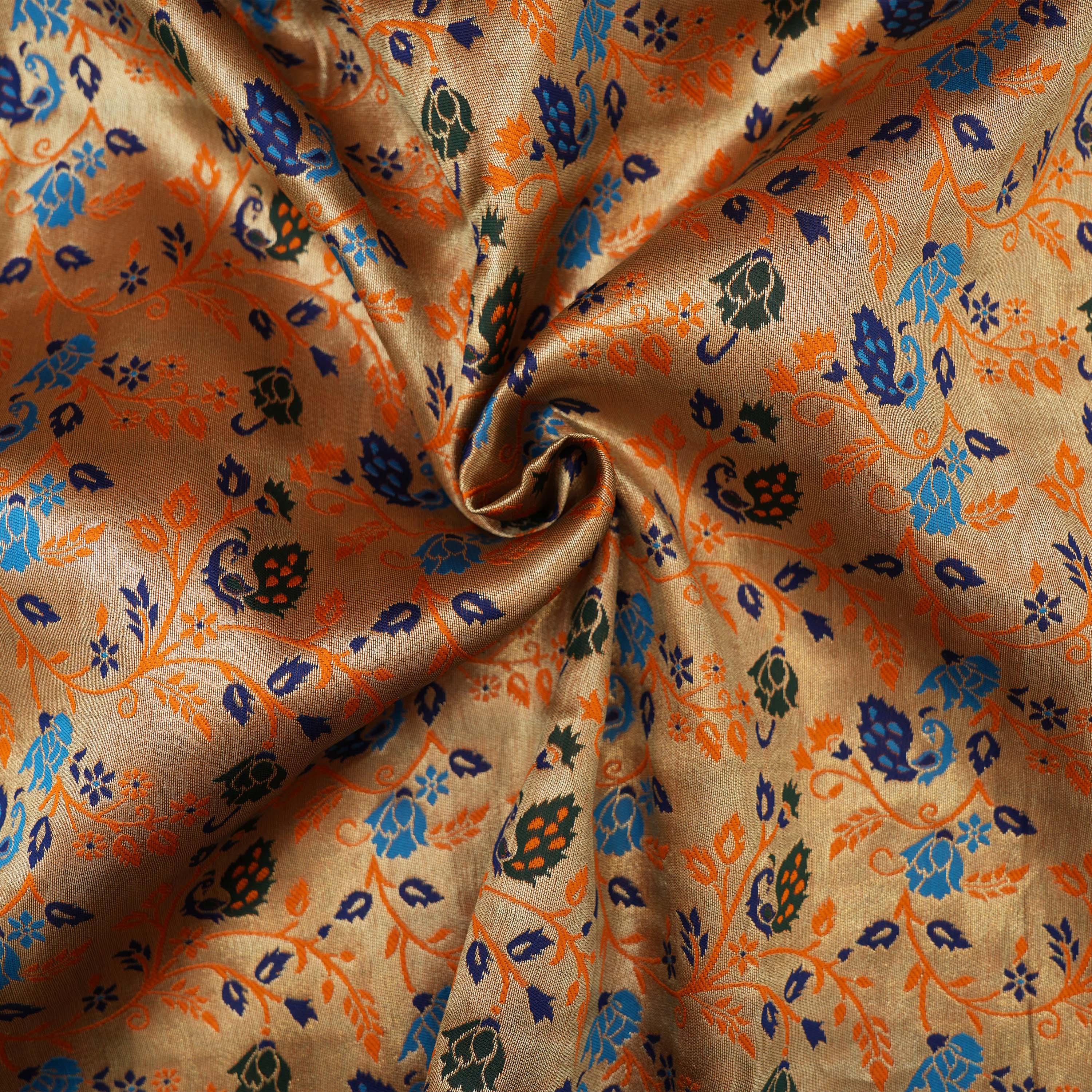 Metal Orange Colorful Floral Jaal Tissue Fabric
