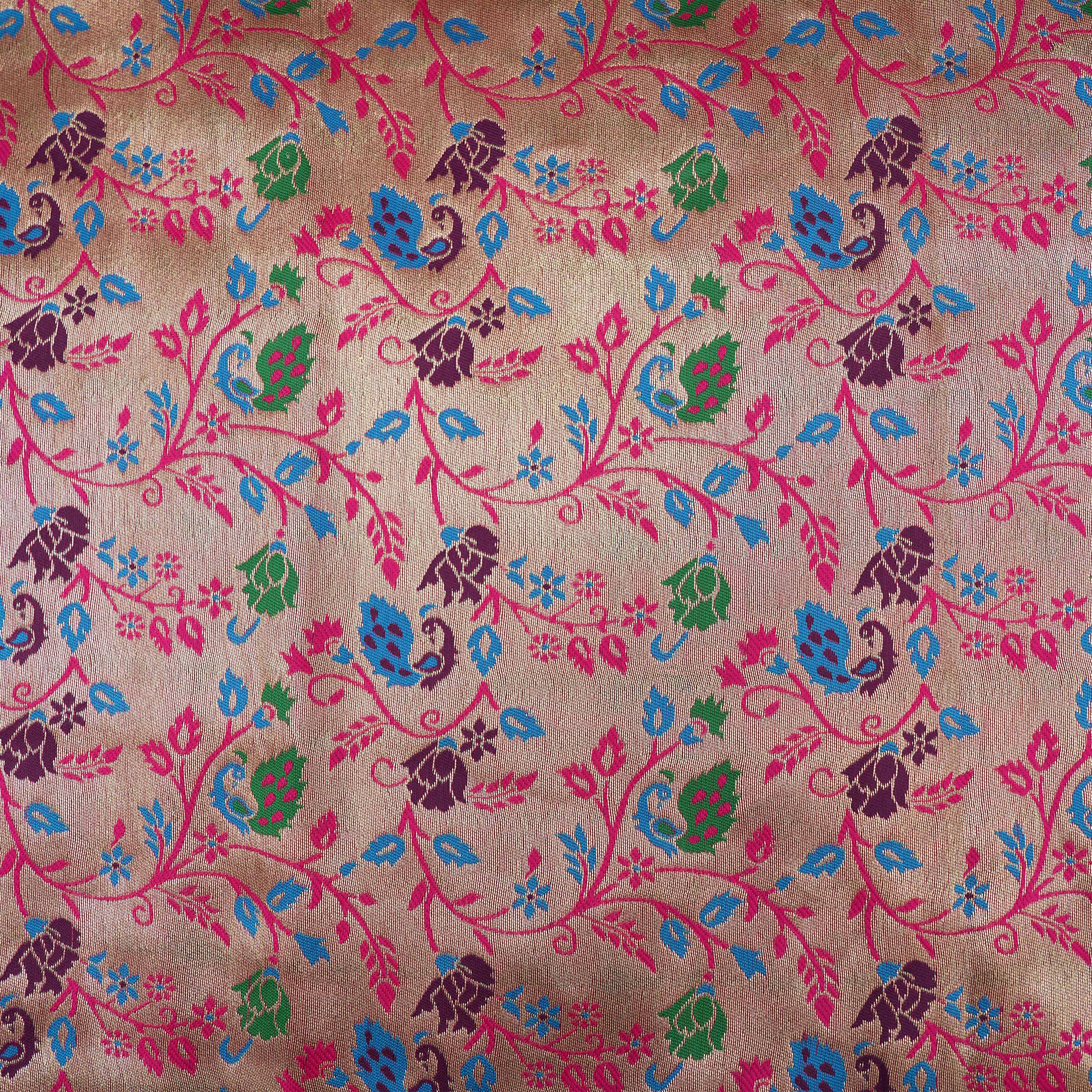 Peach Pink Colorful Floral Jaal Tissue Fabric