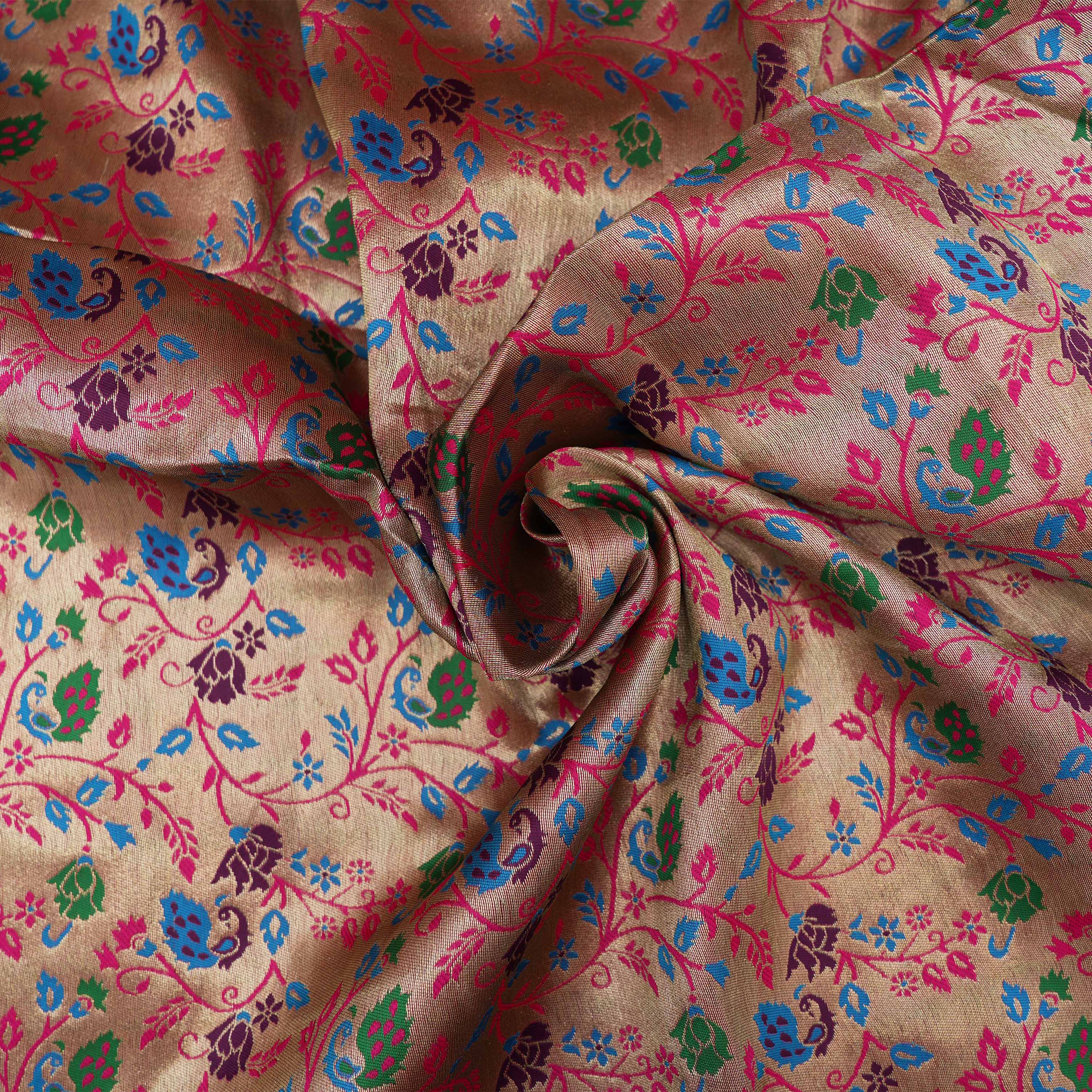 Peach Pink Colorful Floral Jaal Tissue Fabric