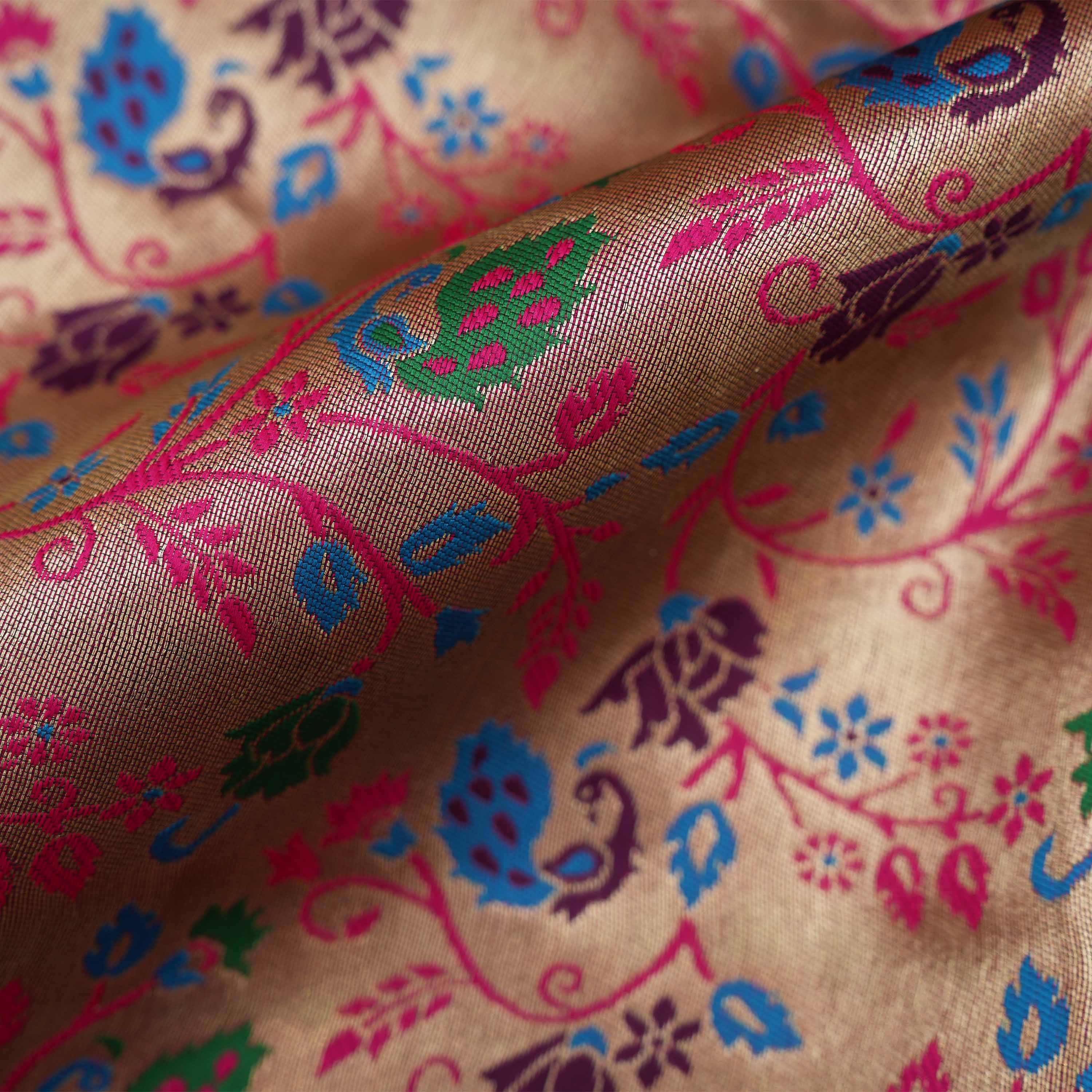 Peach Pink Colorful Floral Jaal Tissue Fabric