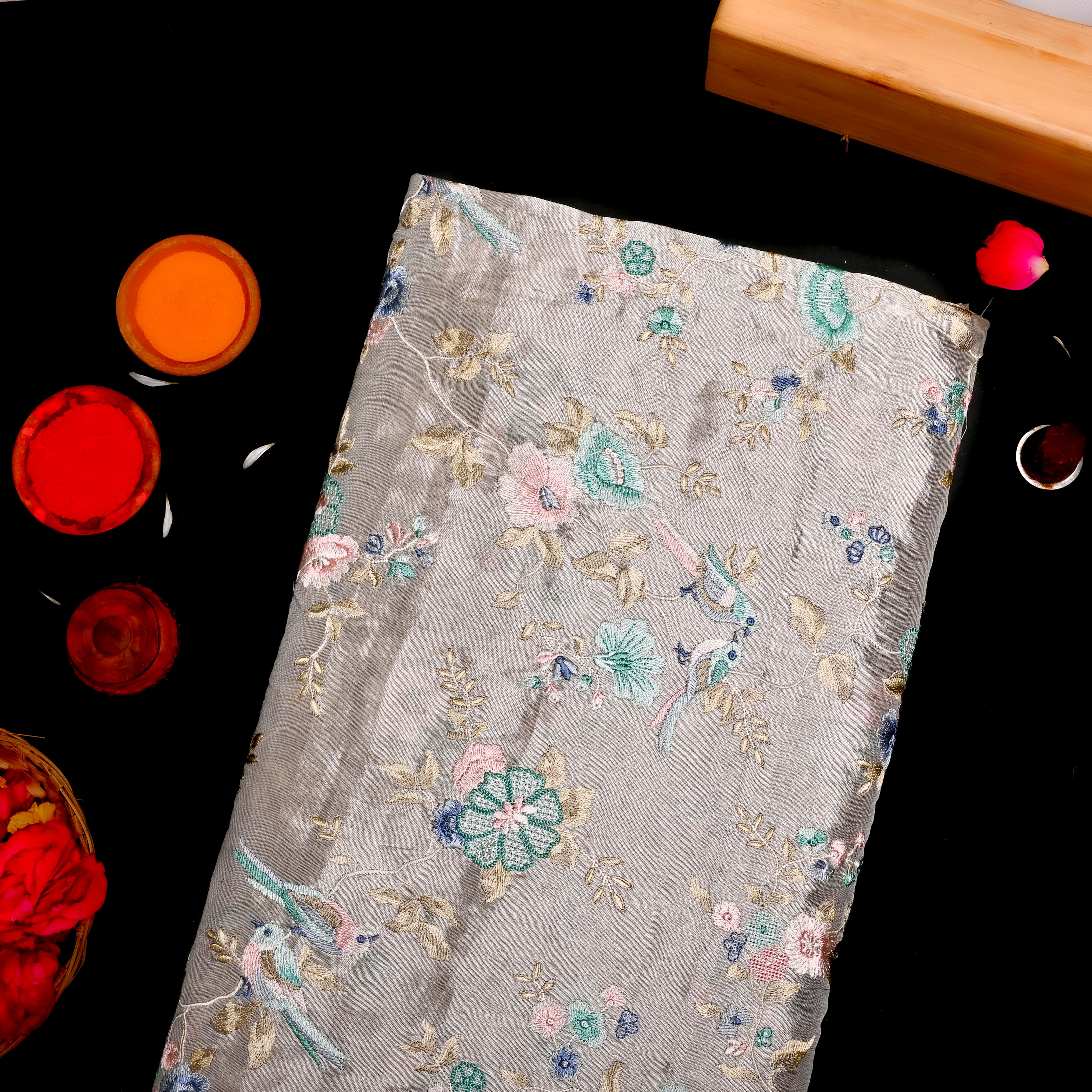 Silver Tissue Fabric With Embroidery