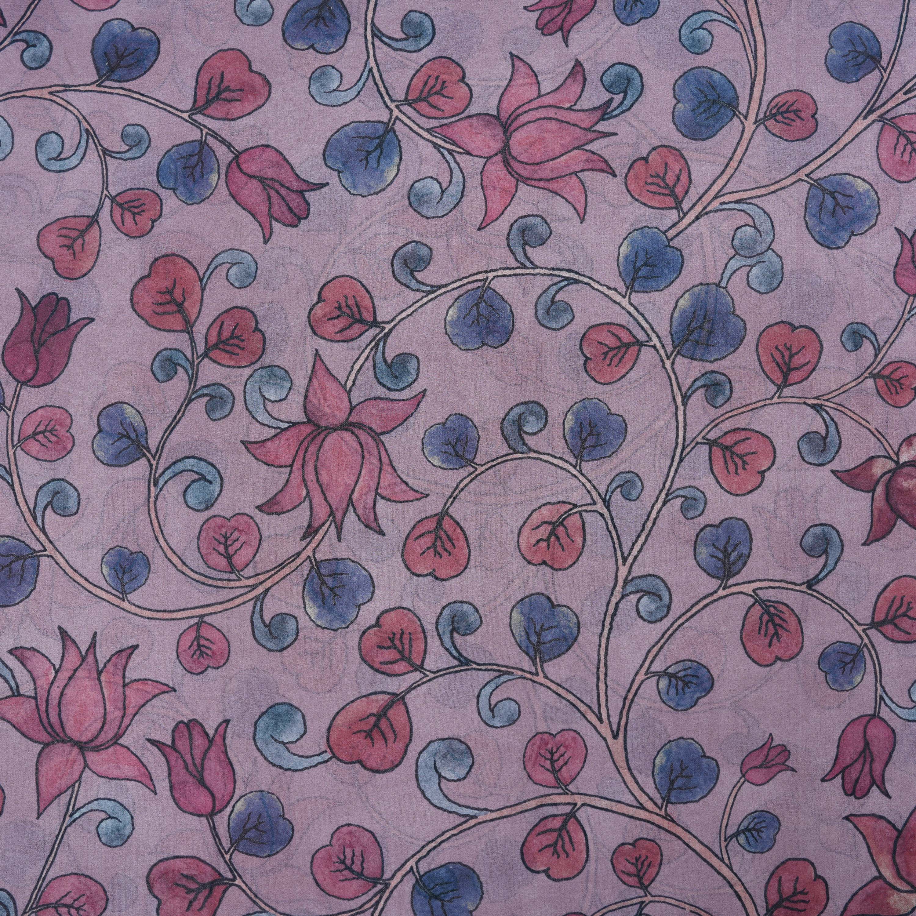 Dusty Lavender Kalamkari Multicolor Floral Printed Silk Fabric
