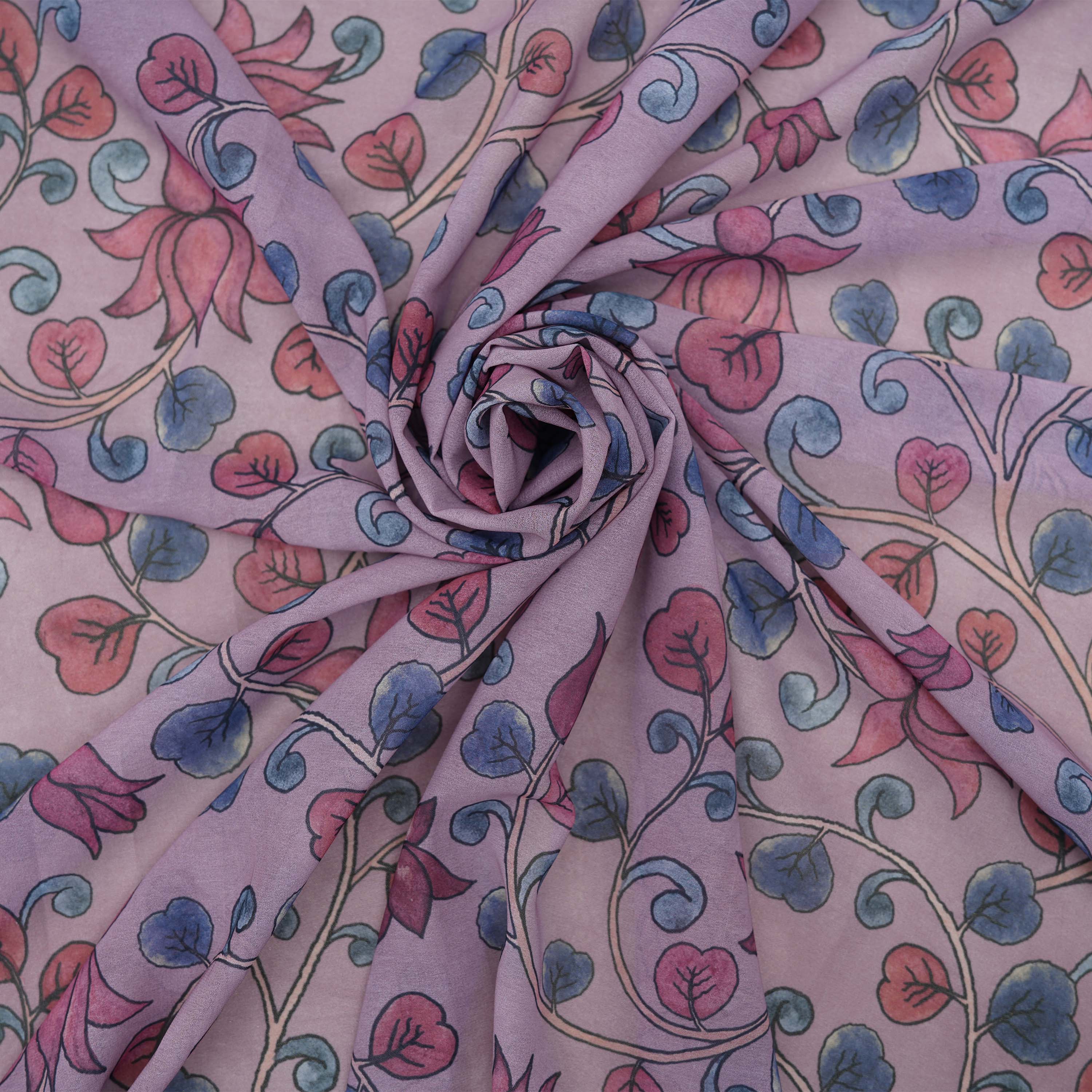 Dusty Lavender Kalamkari Multicolor Floral Printed Silk Fabric