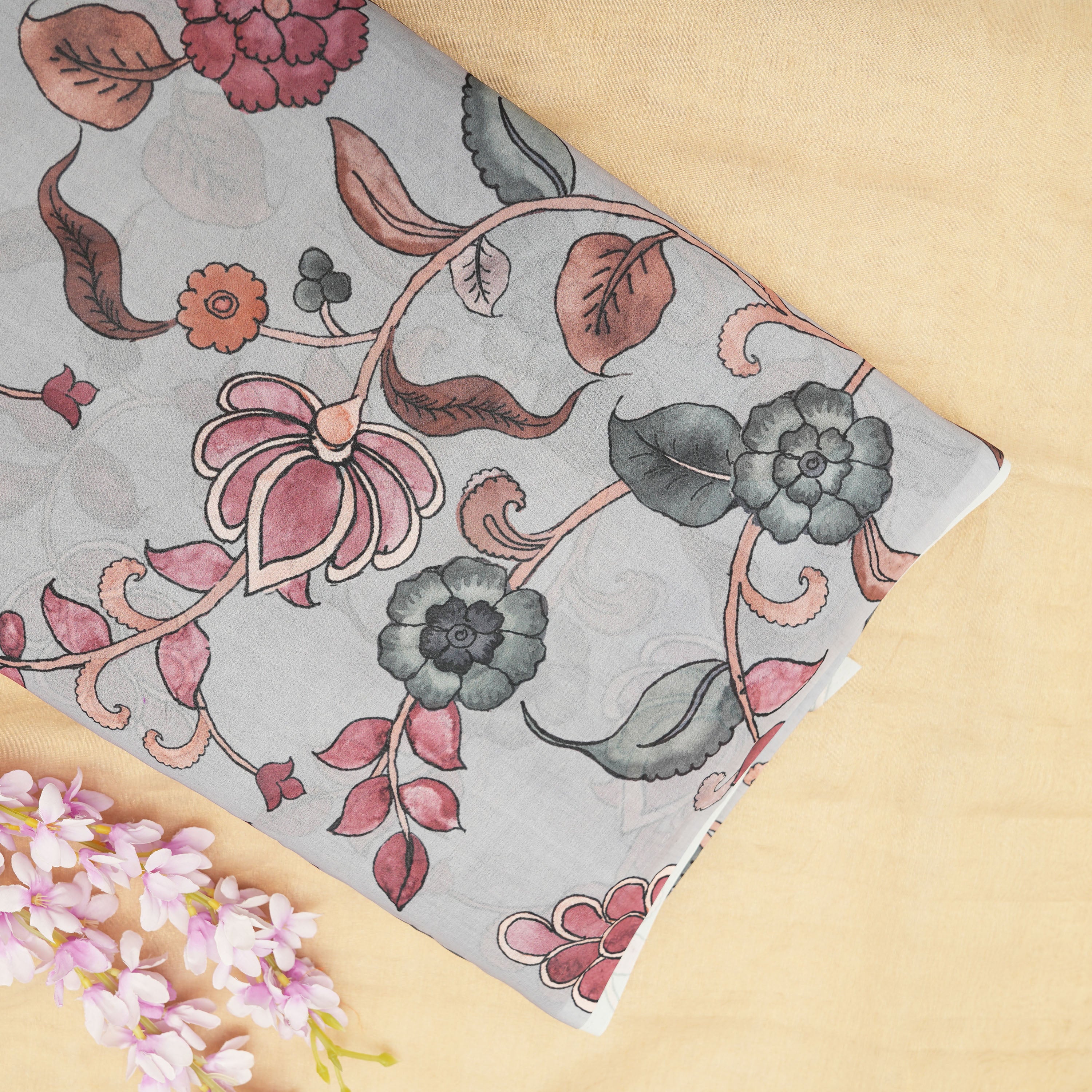 Gray Chateau Floral Jaal Tissue Fabric