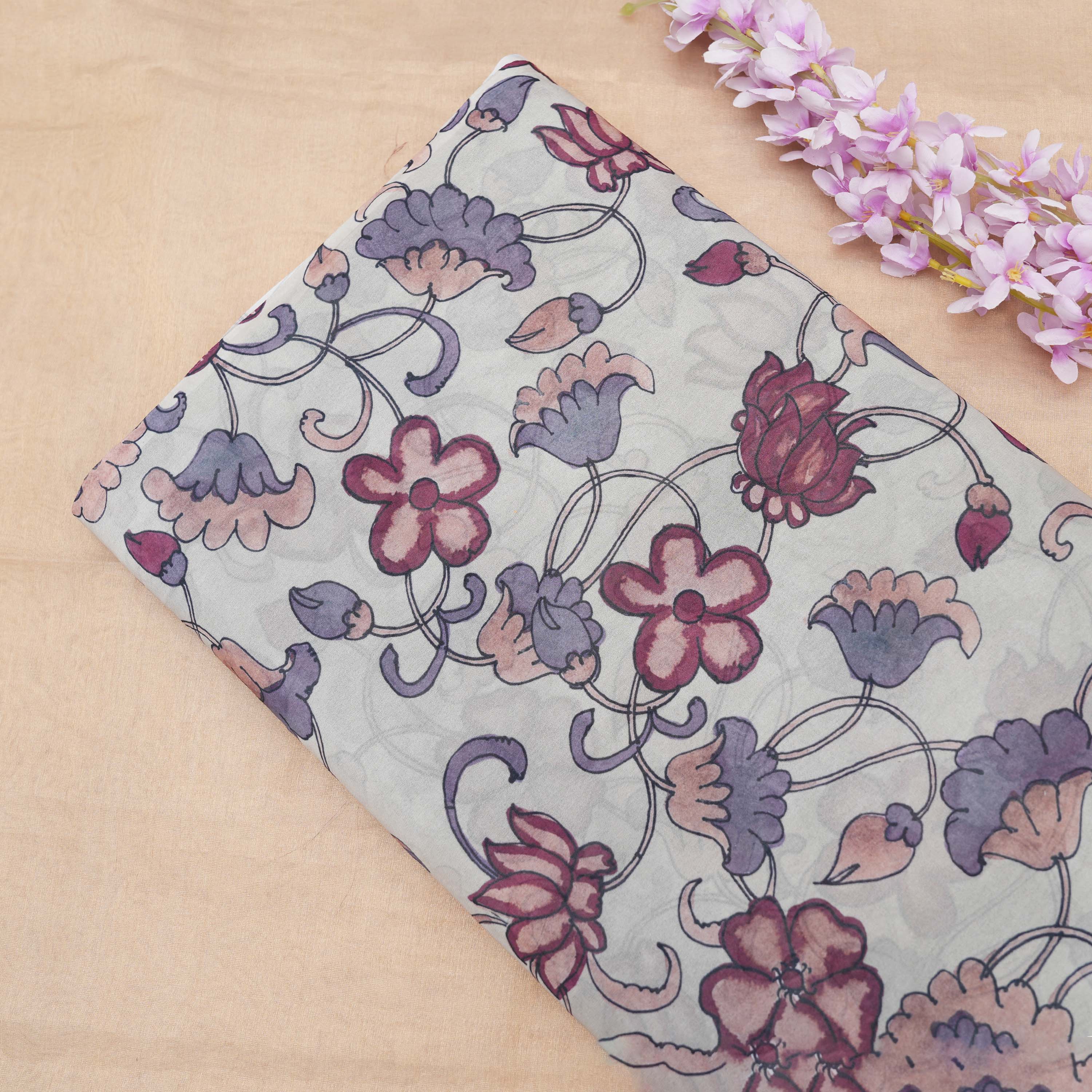 Metallic Silver Floral Jaal Printed Silk Fabric