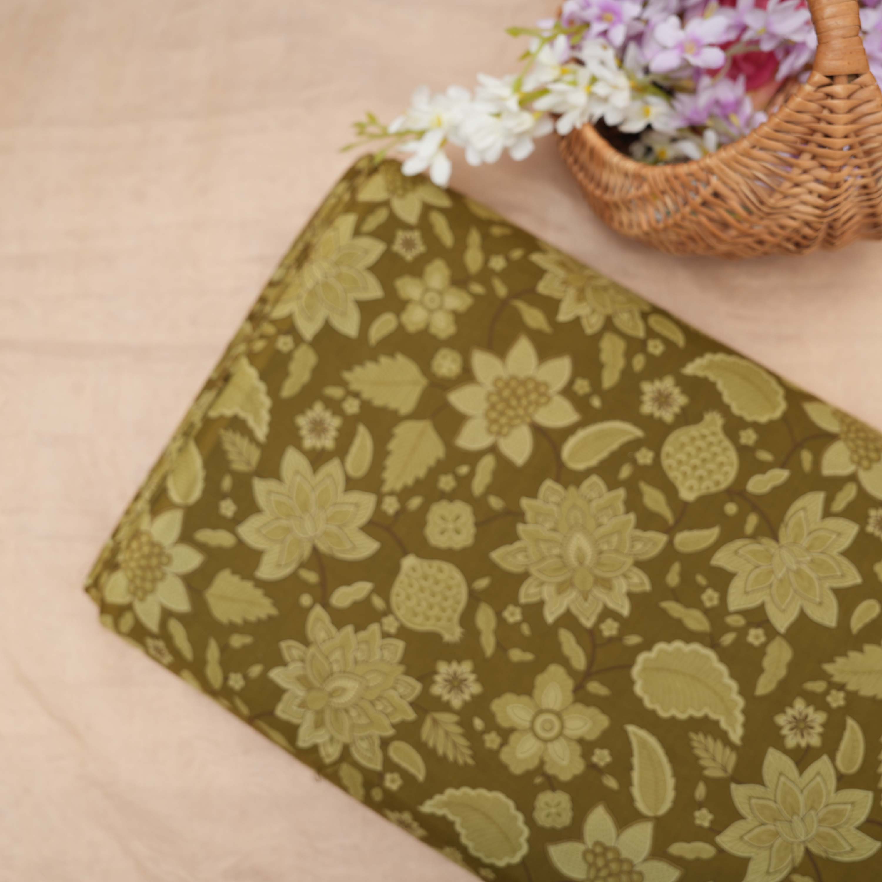 Bronzetone Brown Bel Butti Printed Cotton Fabric