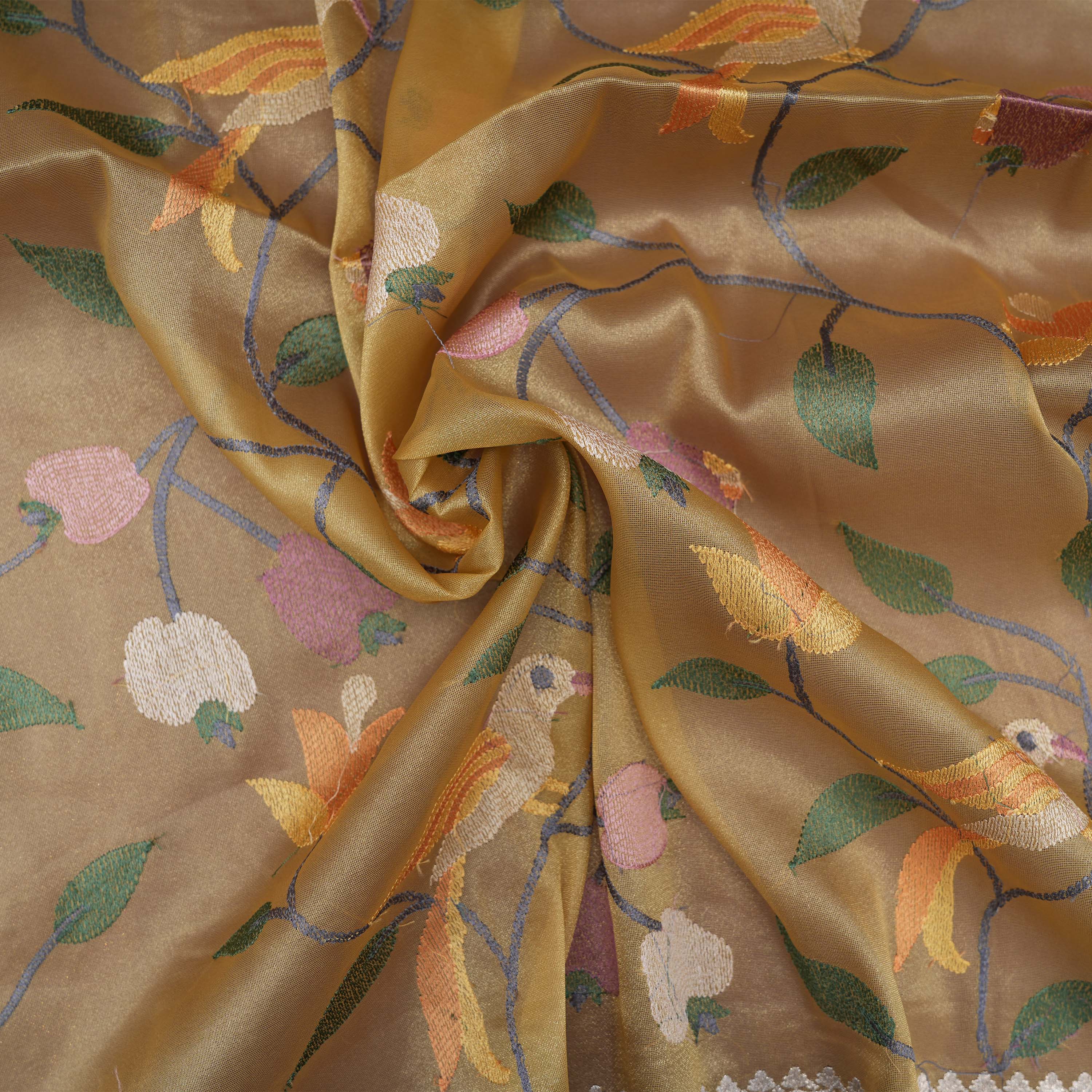 Camel Yellow Floral Embroidered Tissue Fabric