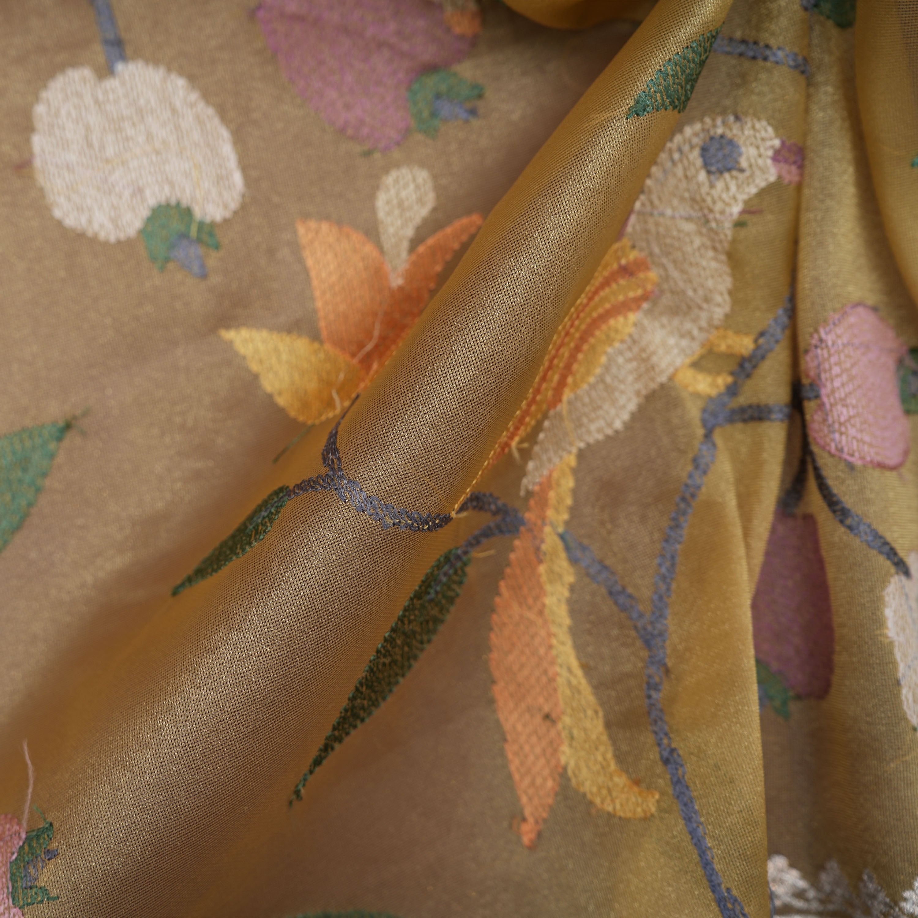 Camel Yellow Floral Embroidered Tissue Fabric