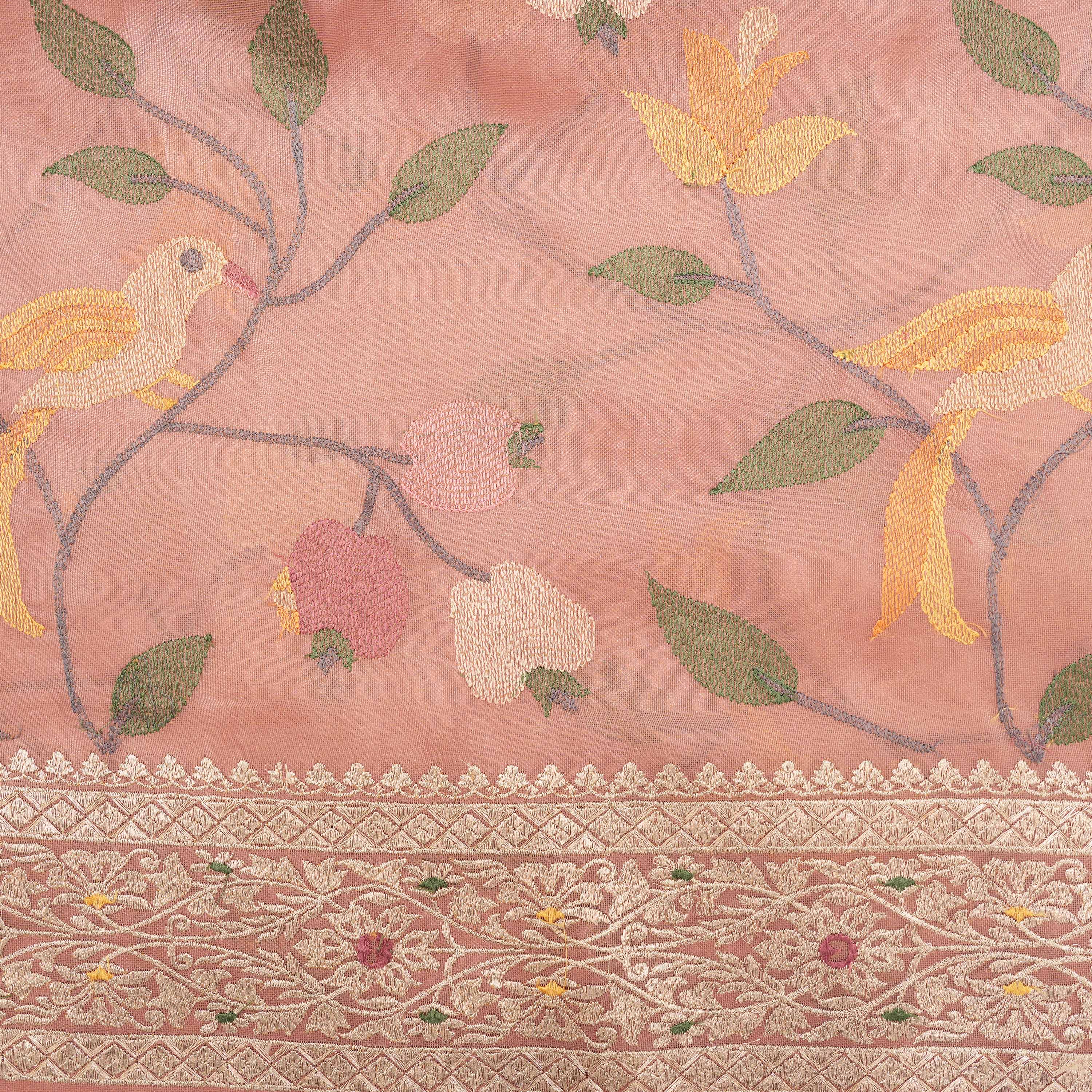 Brownish Pink Floral Embroidered Tissue Fabric