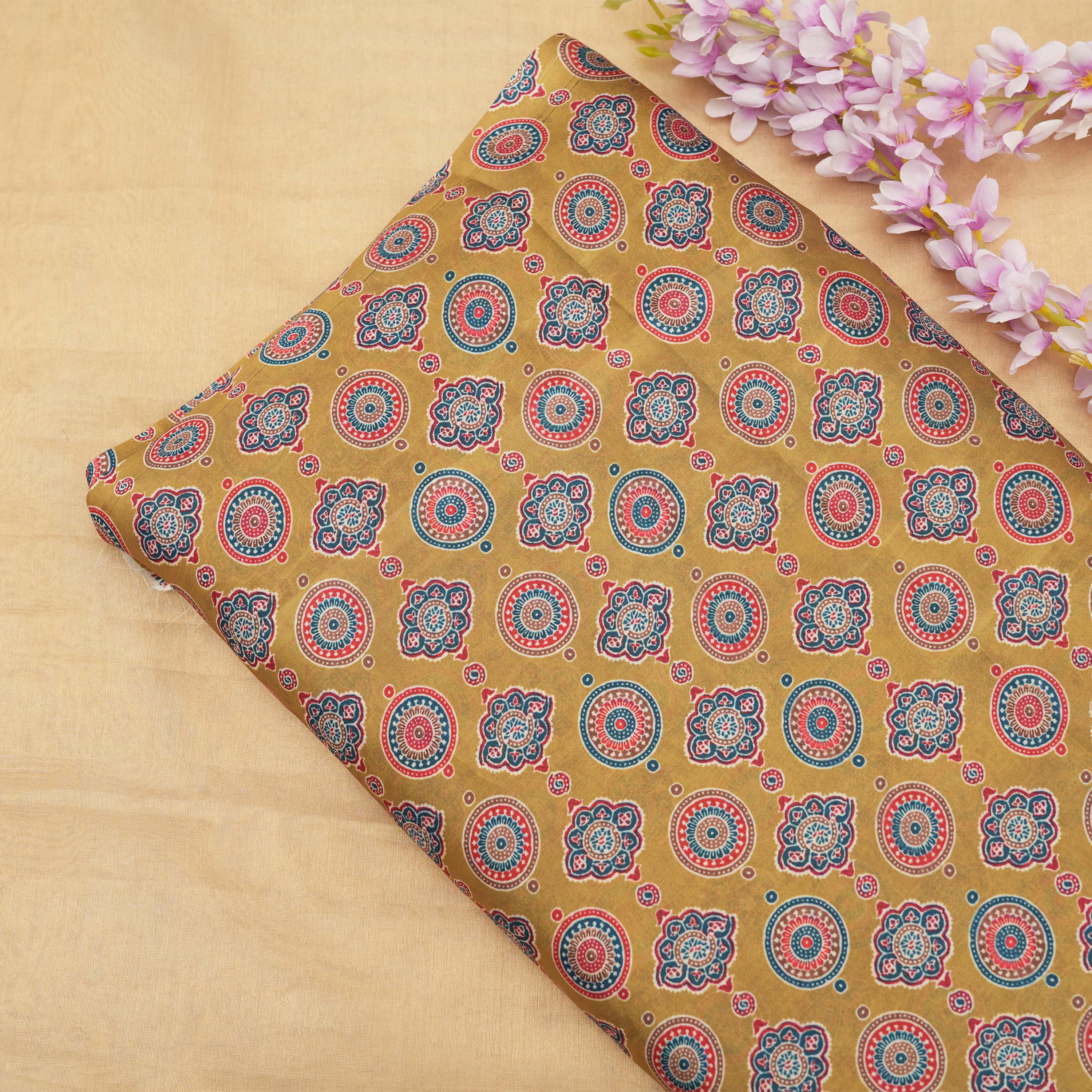 Driftwood Brown Floral Printed Silk Fabric