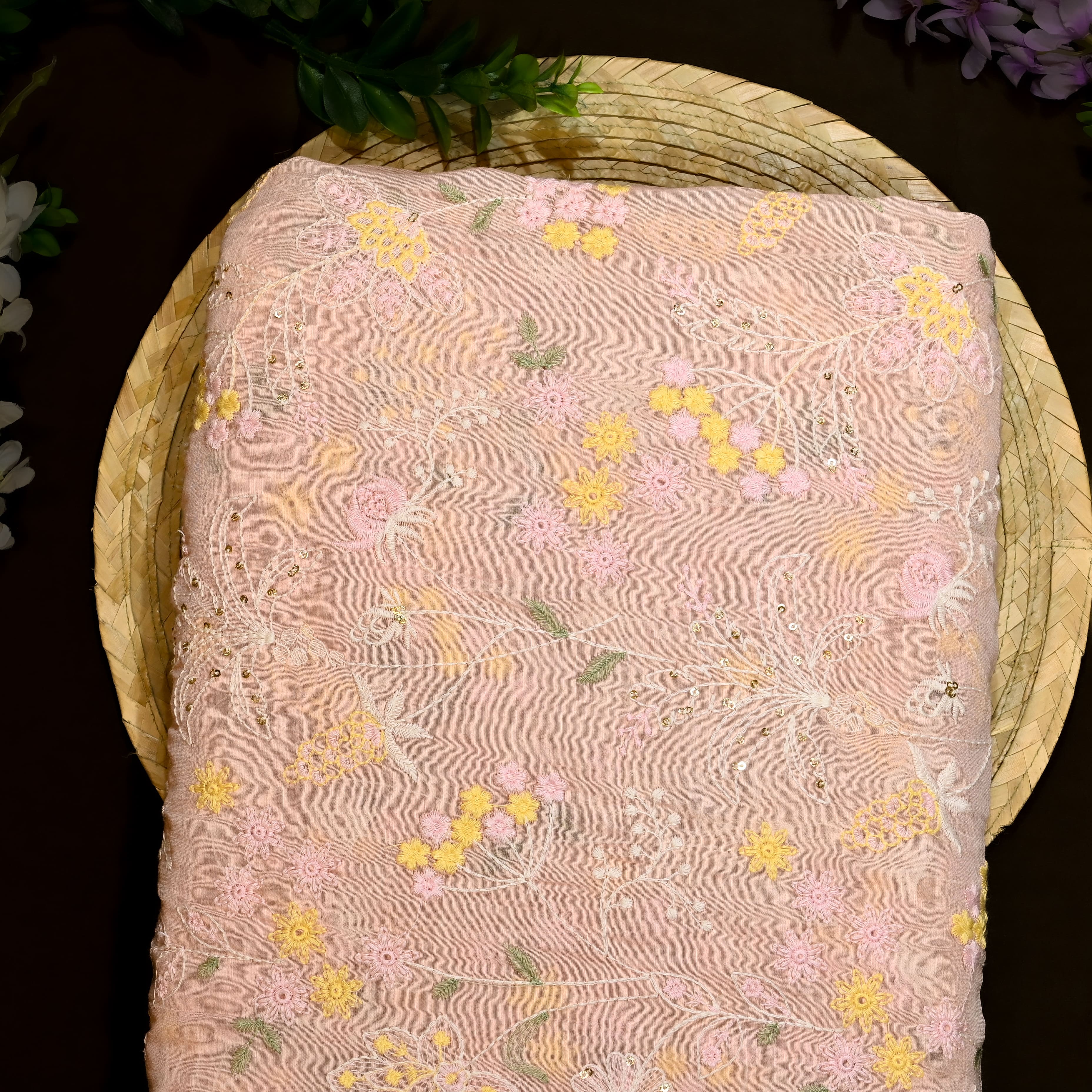 Soft Peach Mul Chanderi Fabric With Embroidery