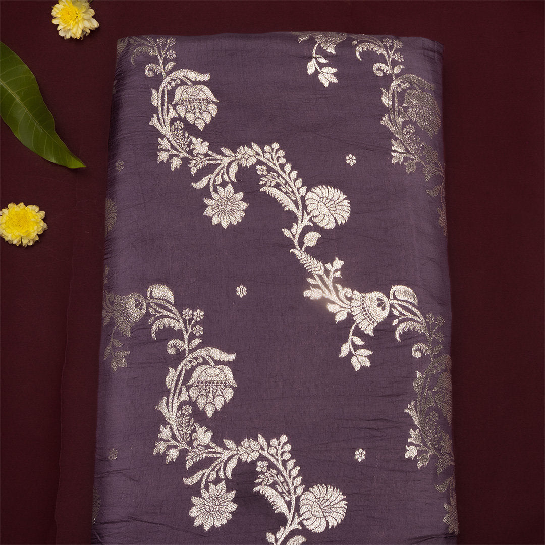 Berry Purple Floral Jamawar Silk Fabric