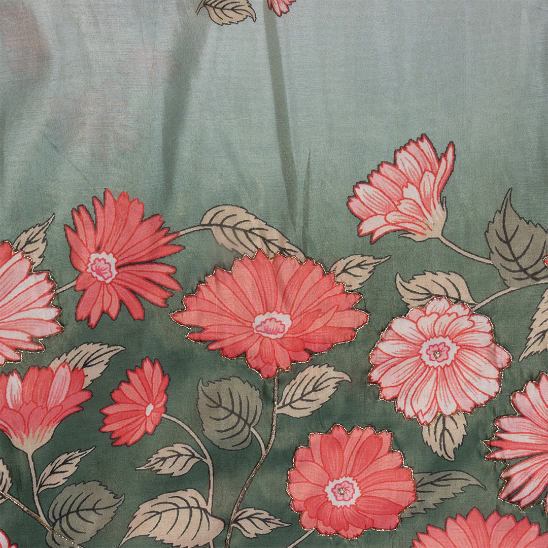 Ombre Green Floral Printed Tissue Fabric