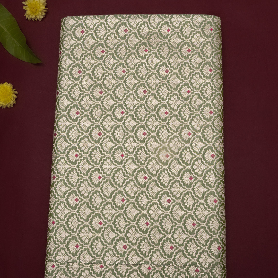 Muted Green Floral Zari Jamawar Silk Fabric