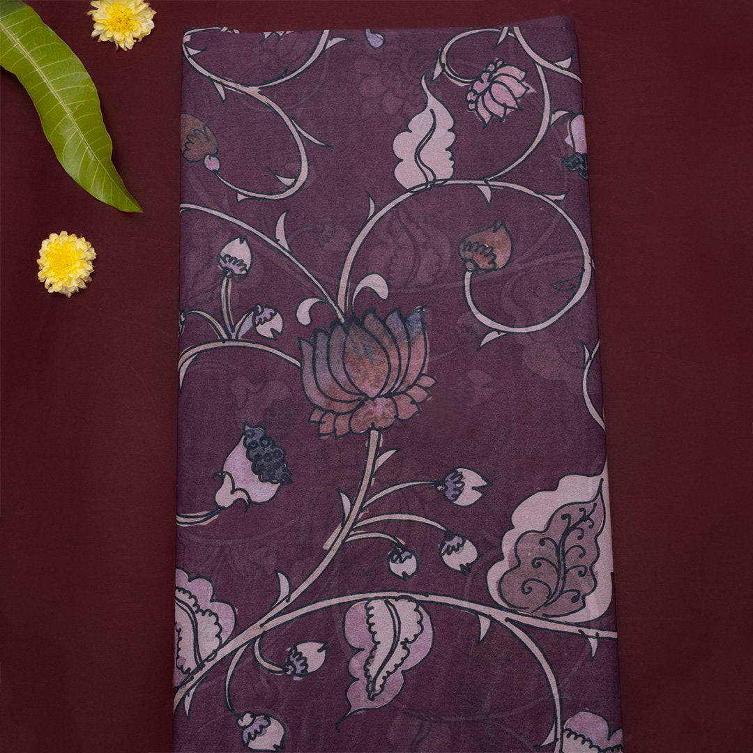 Mauve Purple Lotus Printed Silk Fabric