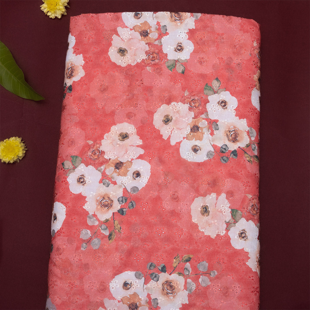 Coral Pink Floral Thread Work Cotton Fabric