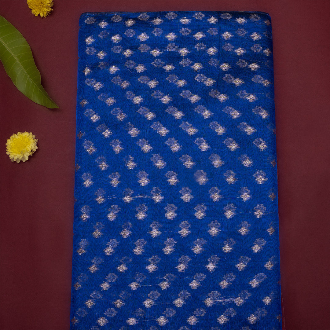 Cobalt Blue Floral Jamawar Tissue Fabric