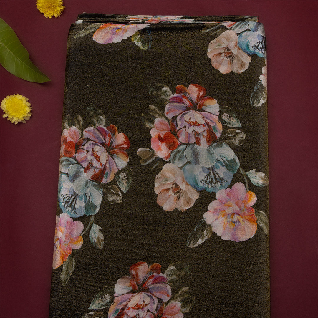 Chestnut Brown Digital Printed Floral Tissue Fabric
